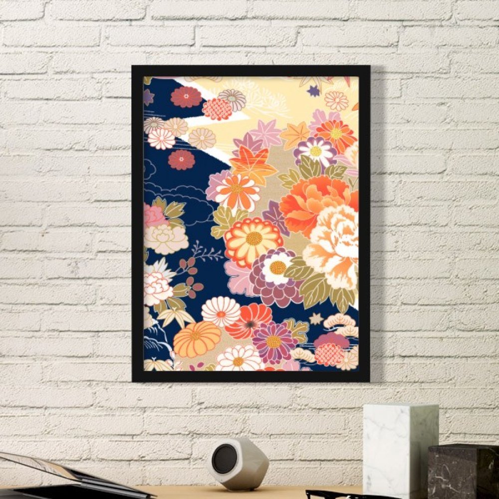 Cadre photo pivoine Japon motif feuille d'érable noir mural