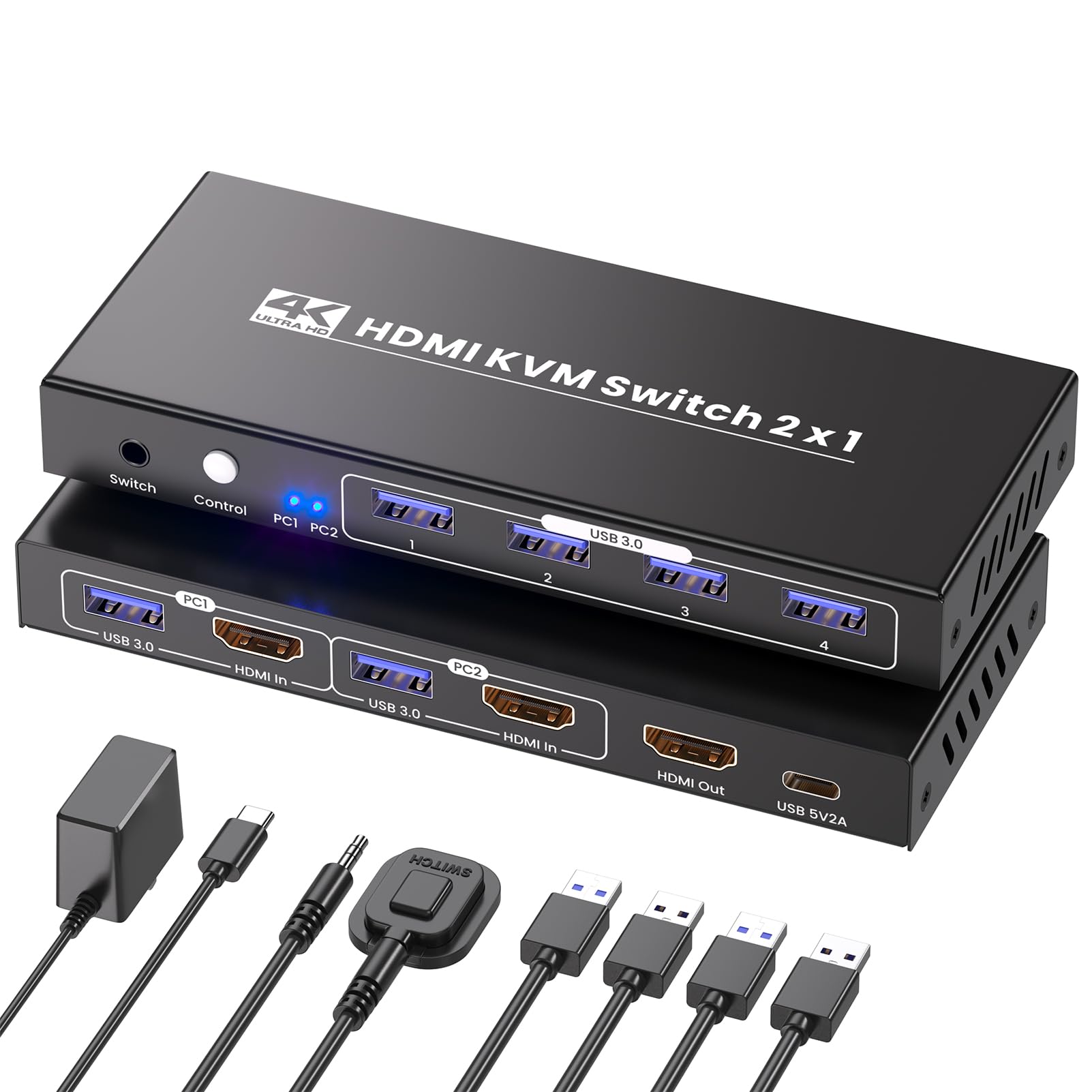 Przełącznik HDMI KVM 2 PC 1 monitor, USB 3.0 4K60Hz 2 porty KVM Switch, 2 komputery PC dzielą się 1 monitor i 1 zestaw myszy klawiaturowej, 4 porty USB 3.0 do urządzeń peryferyjnych