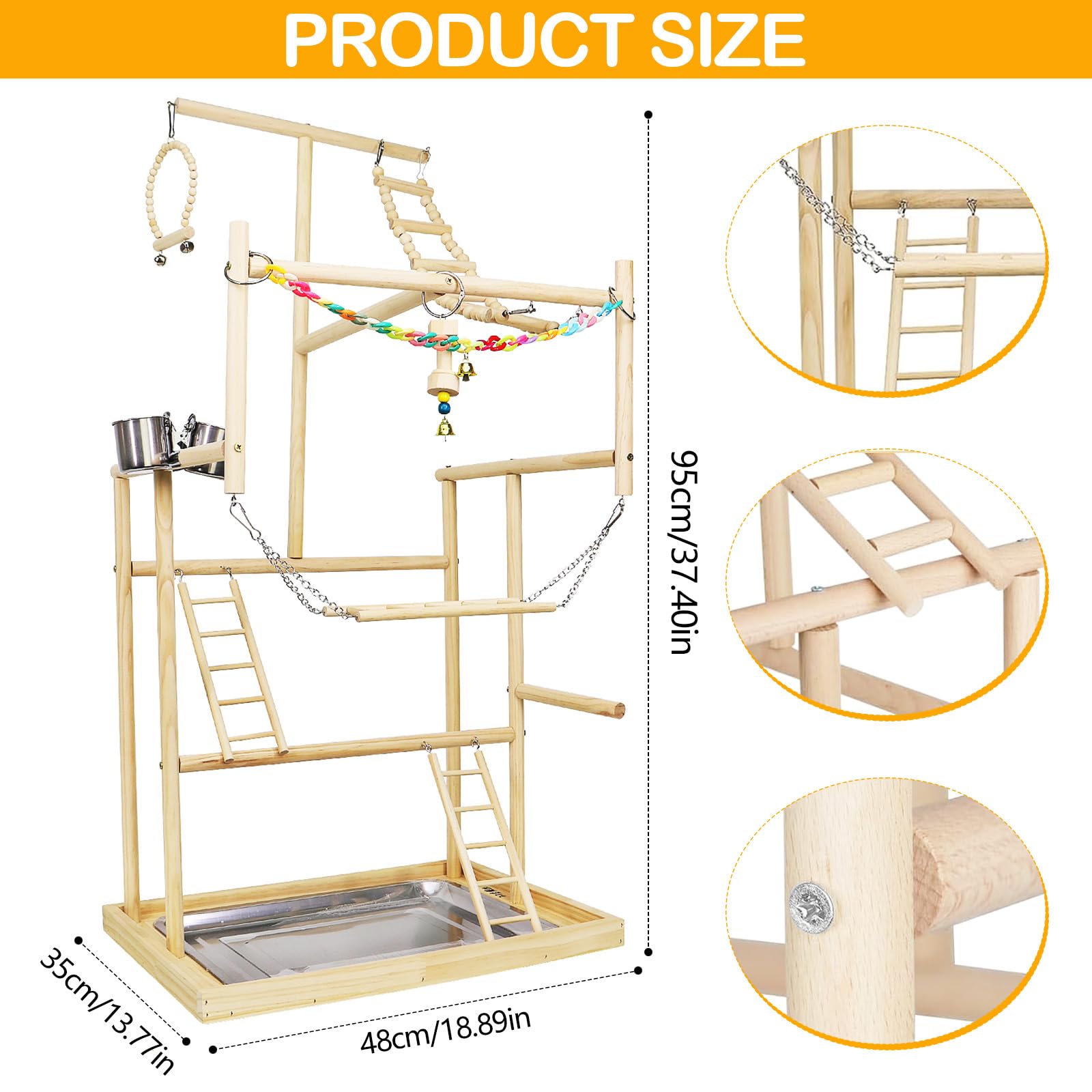 Parco Giochi per Uccelli 48 x 35 x 95 cm Legno a 4 Strati Tazze Acciaio Inossidabile Catena Plastica Colorata Vassoio Metallo Rimovibile