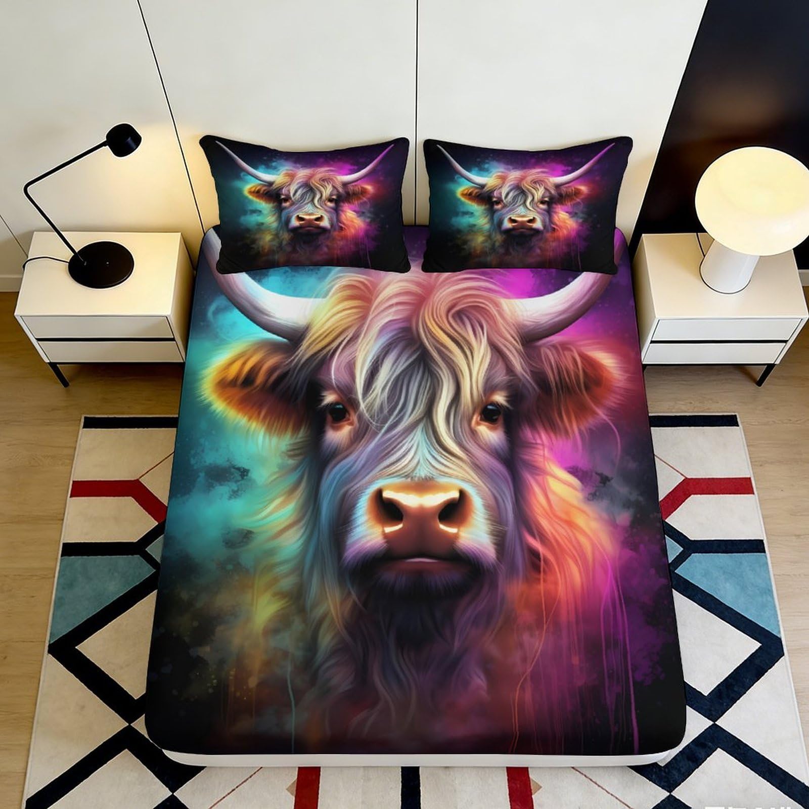 Pnayamiorkfel Style-2 3D Printed Highland Cow Fitted Sheet Microfiber Soft Colourful Abstract Mattress Cover For Bedroom Decor 90X200x25cm