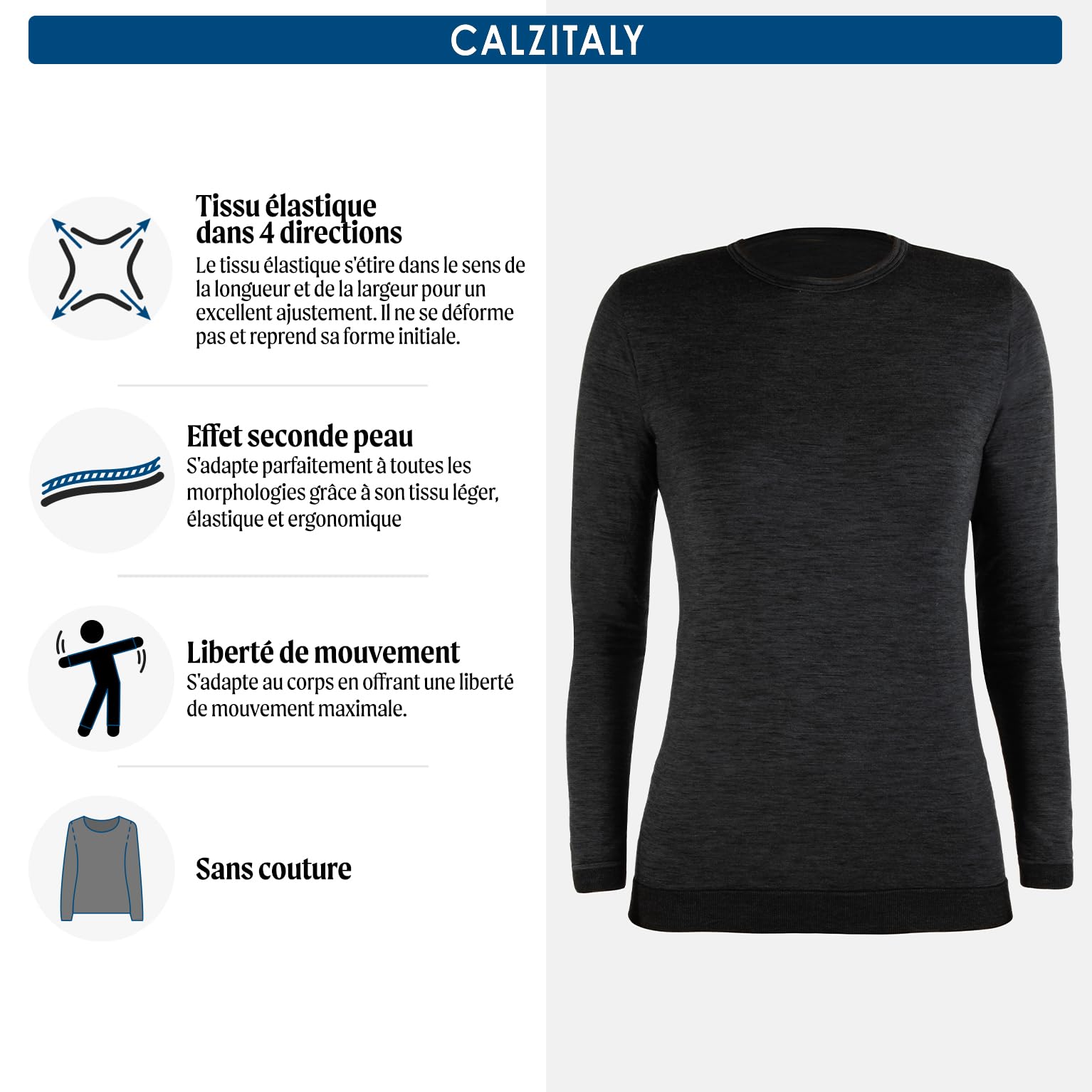 CALZITALY Maillot Thermique Unisexe, T-Shirt à Manches Longues en Laine mérinos, sous-vêtements Thermiques pour Hommes et Femmes, Ski, randonnée, Trekking | Made in Italy