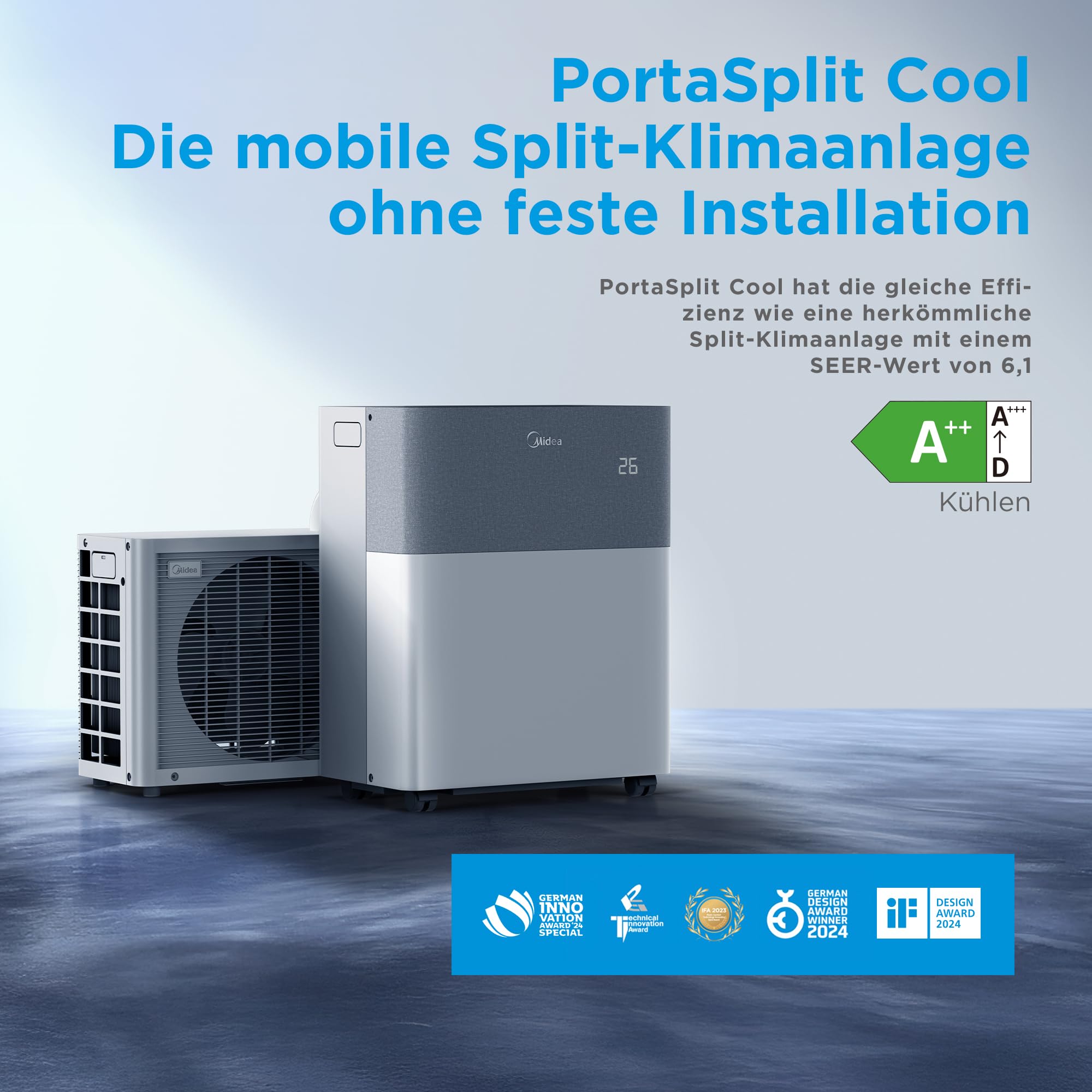 Midea Portasplit Cool Mobile Klimaanlage, 8000 BTU 2,3kW, A++, 28 m², 38 dB(A) Silent-Modus