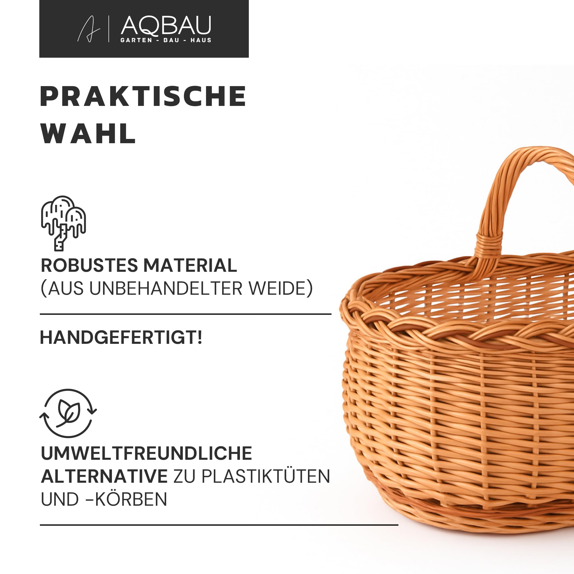 Grand panier en osier avec anse 47 x 35 x 33 cm, tressé pour provisions, pique-nique, champignons, modèle naturel, corbeille rustique