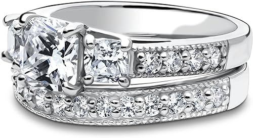 Miniatura 3 de BERRICLE Sterling Silver 3-Stone Wedding Engagement Promise Rings for Her, Stackable Band Ring Set for Women, Cubic Zirconia CZ - Sapphire-Blue,