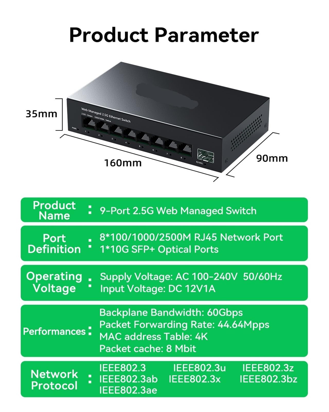 Switch 2.5Gb Switch di Rete 2.5G a 8 Porte Slot 10G S/F-P+ Uplink Splitter Ethernet gestito(E/.U Adapter)