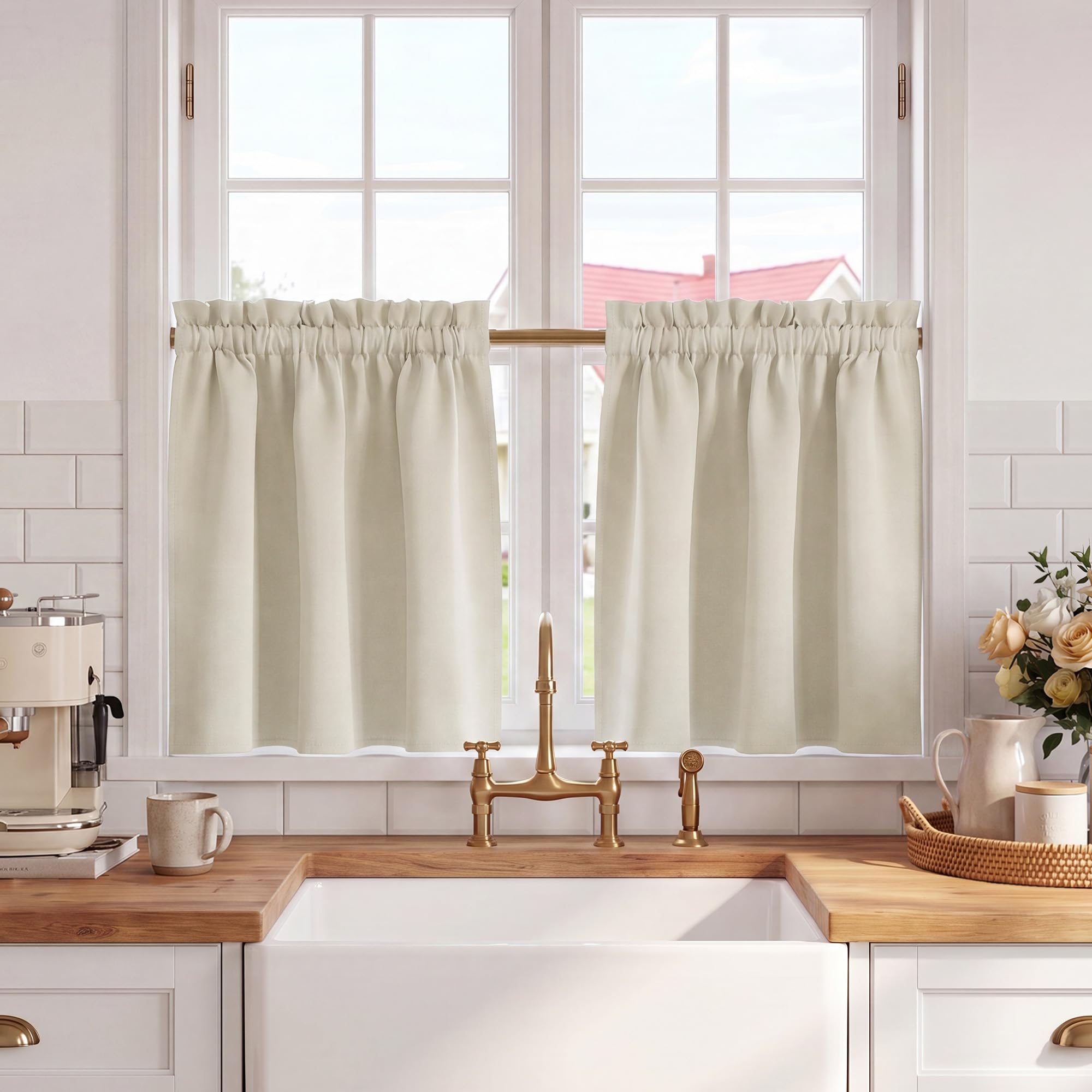Cortinas aislantes de cocina KGORGE en beige claro, confección premium opaca de 90x60cm