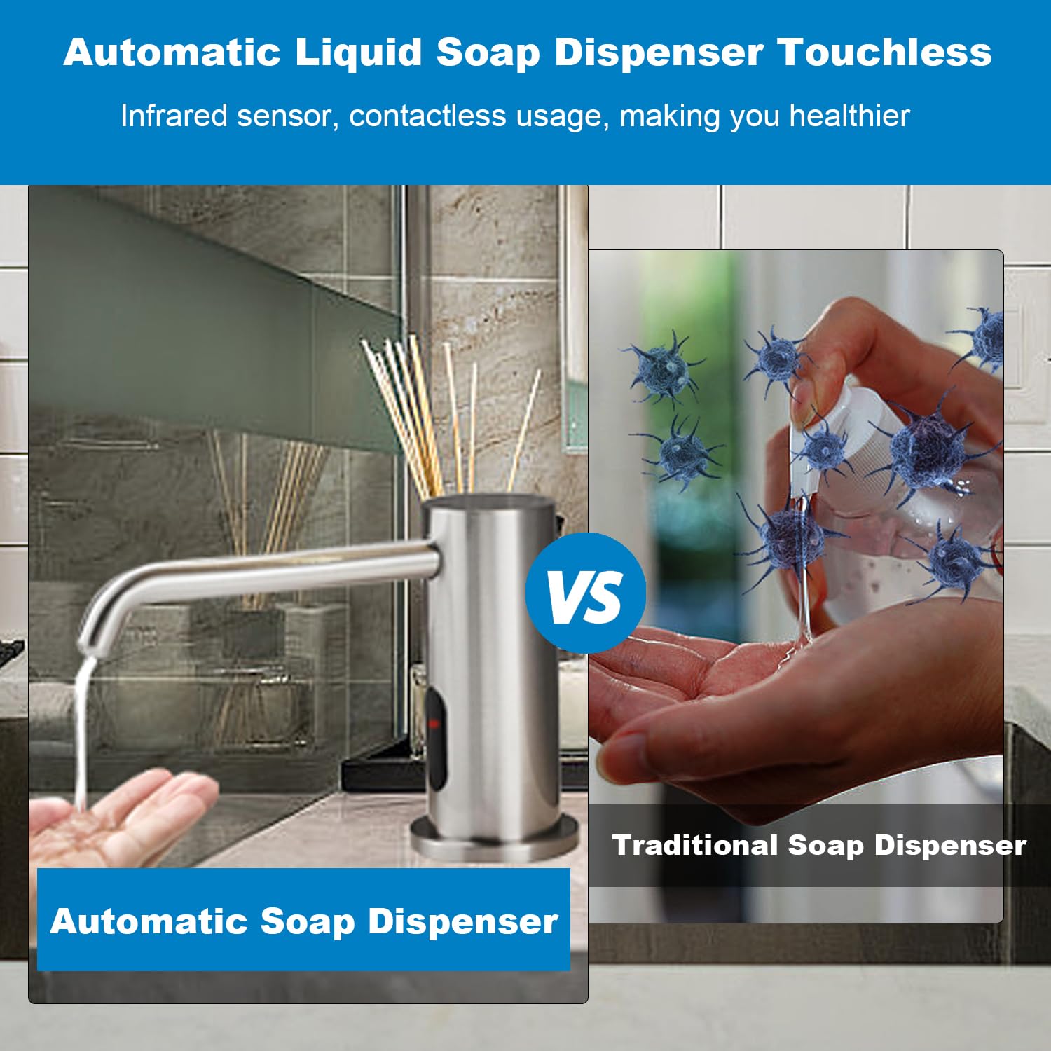 Distributeur de savon automatique sans contact pour évier de cuisine et salle de bain - Distributeur de savon électrique liquide commercial en nickel brossé avec bouteille et pompe - Nickel brossé