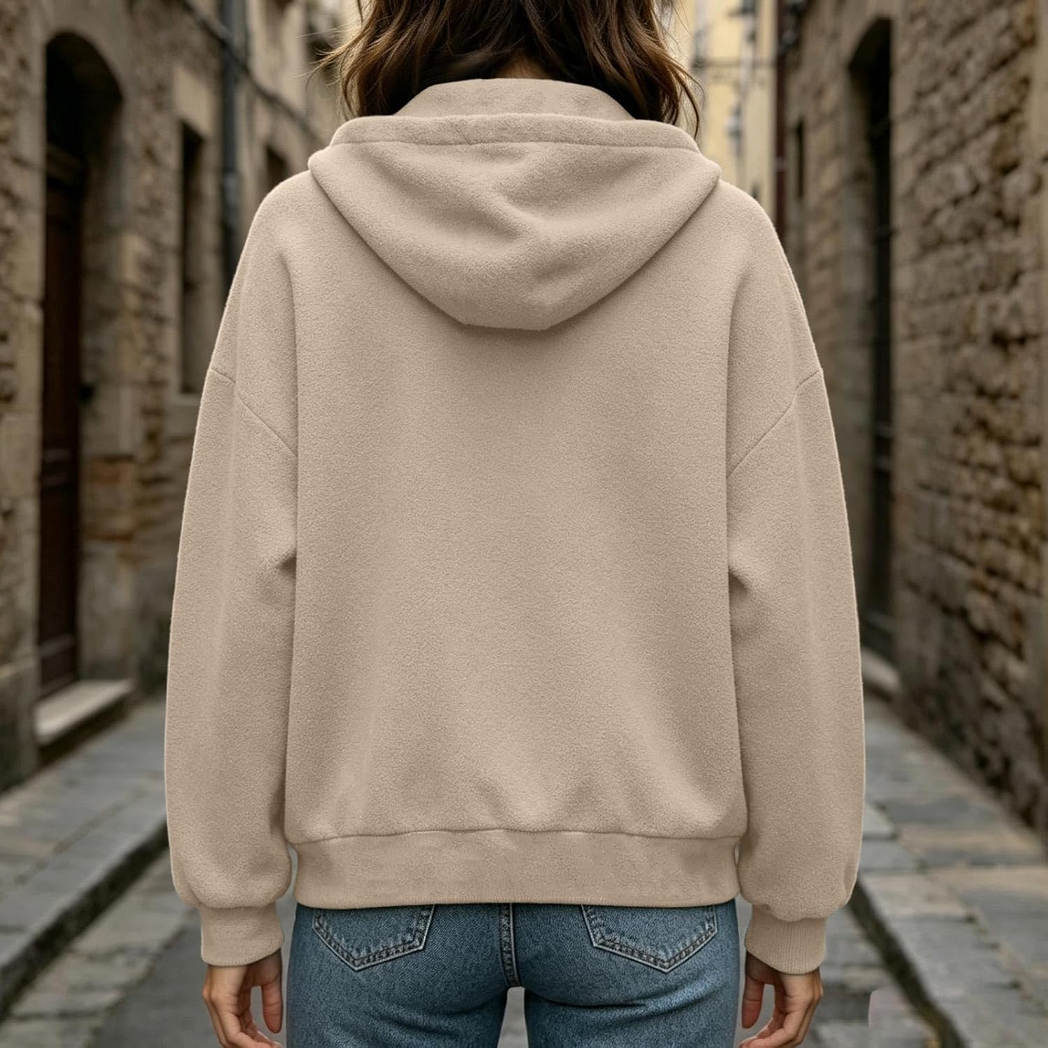 Women's Warm Fleece Hooded Coat Button Front Drawcord Casual Jacket