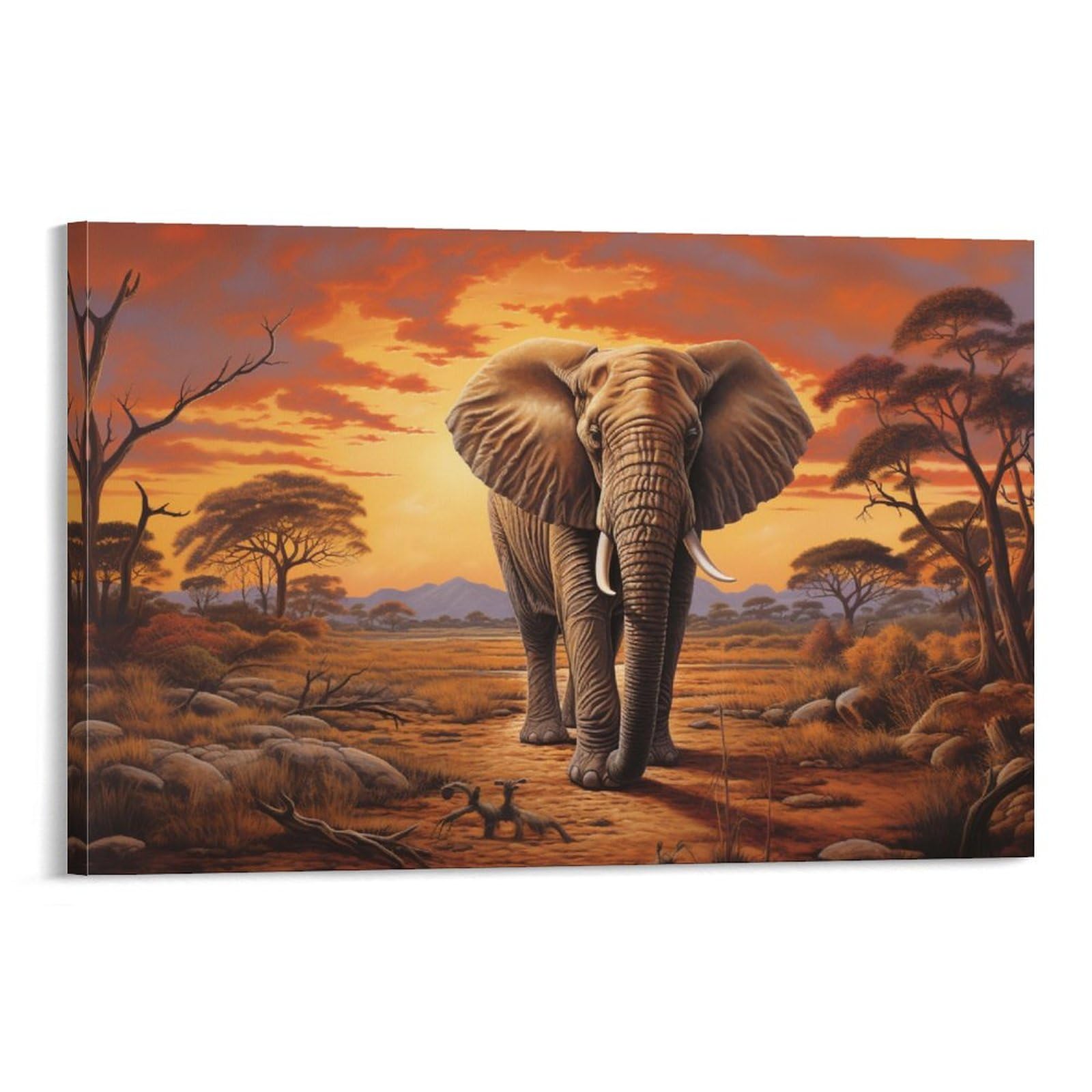 AYAROS Cute African Elephant Wall Art Canvas Poster Vintage Wild Animal Sunset Scenery Wall Decor Poster Dormitory Decor Painting Art Framed 16x24 inch