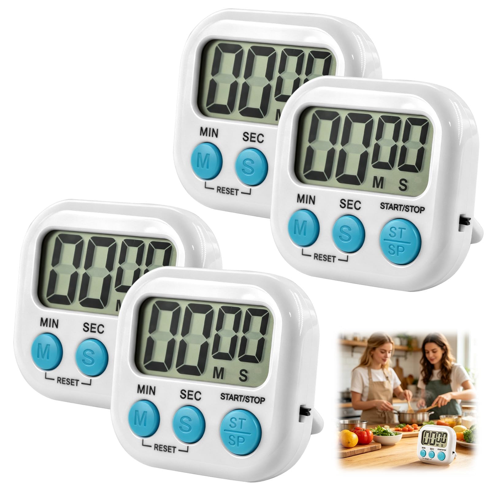4 Pack Digital Kitchen Timers Magnetic Countdown Alarm White Cooking Timer