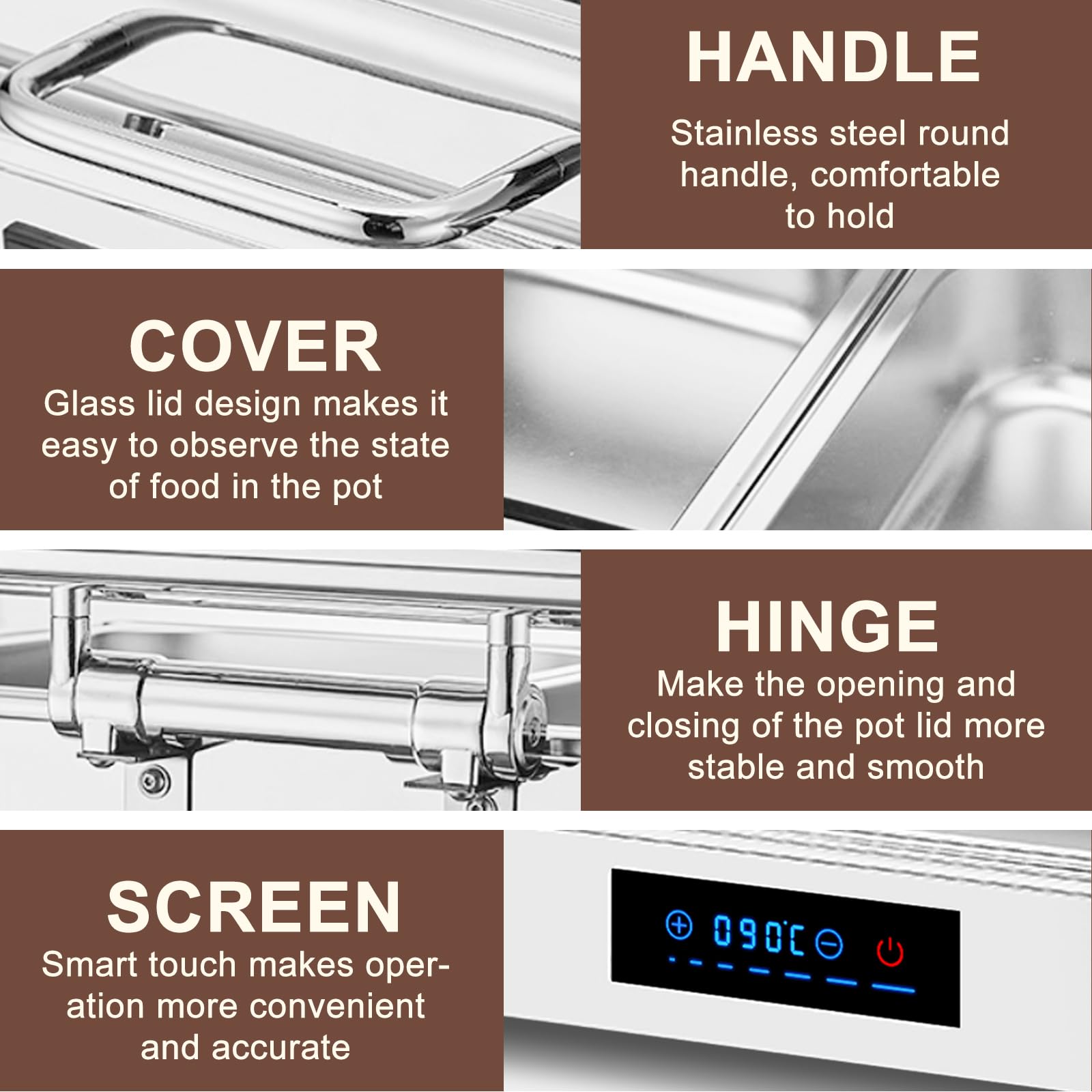9L Chafing Dish Electrico para Buffet, Chafing Dish Calentador de Comida Electrico para Buffet, Calentador de Buffet de Acero Inoxidable con Vidrio Visual, Temperatura Ajustable (1/1)