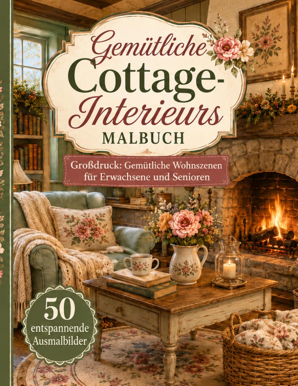 Gemütliche Cottage-Interieurs Malbuch für Erwachsene und Senioren: 50 großformatige entspannende Wohnszenen mit Cottage-Zimmern, Kaminen, Leseecken, ... Schlafzimmern und gemütlichen Innenräumen