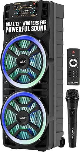 Audiobox ABX-214R Portable Bluetooth Speaker Karaoke Machine - Dual 12" Woofers, RGB Party Lights, AUX, Lightweight with Loud Bass, Singing Machine