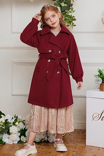 Miniatura 6 de GRACE KARIN Abrigo de vestir para niñas, con solapa, mezcla de lana, chaquetas largas de invierno con bolsillos, cinturón de 6 a 14 años