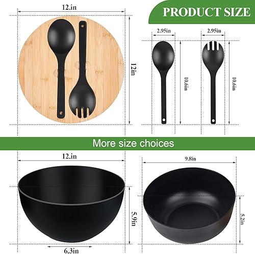 Miniatura 2 de GEHE Ensaladera de 12 pulgadas, cuenco de ensalada de fibra de bambú con tapa, cuencos de mezcla extra grandes de 7.7 cuartos de galón con Negro