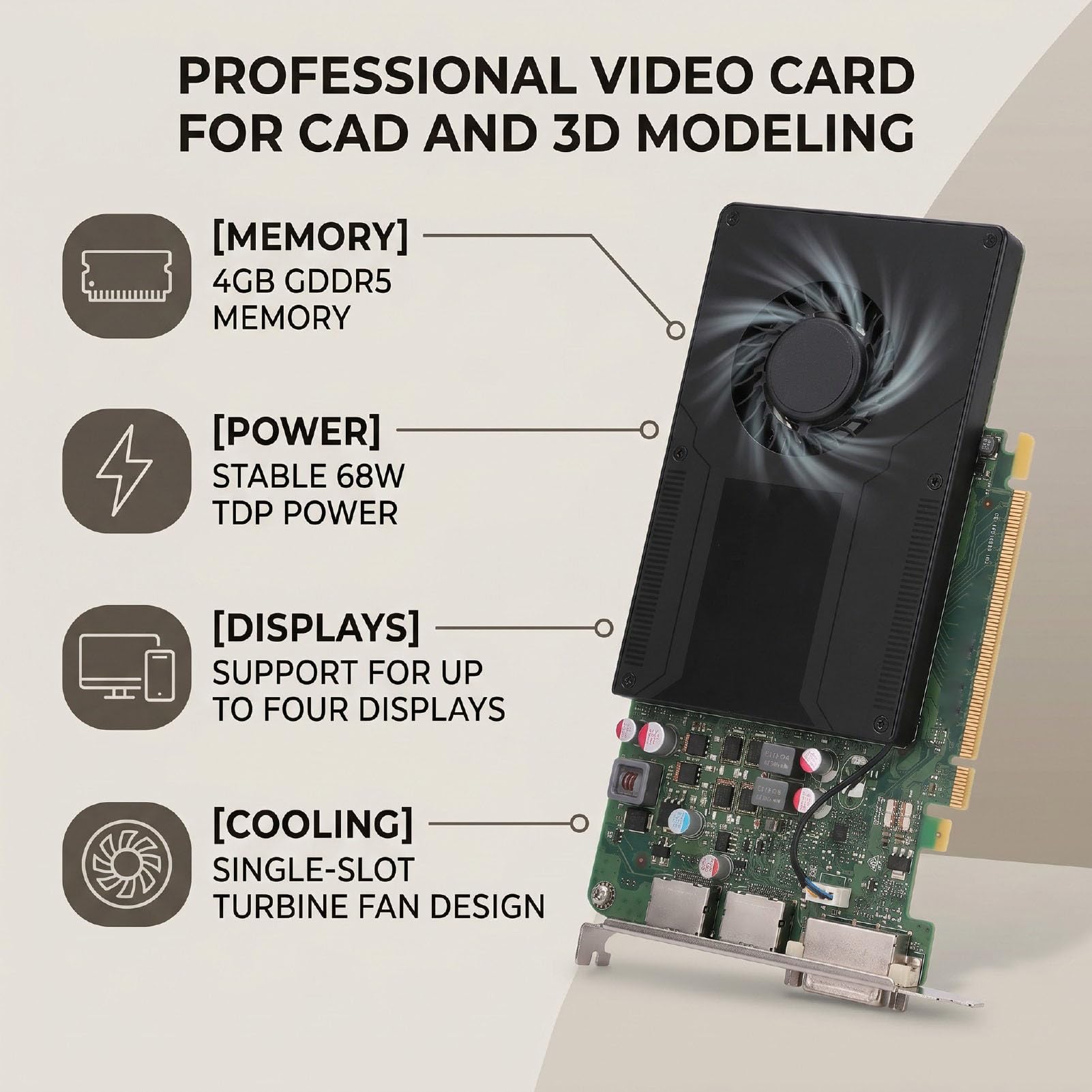 Annadue Karta Graficzna Karta Graficzna GPU 4 GB GDDR5 128 Bit PCIe 2.0 X16 640 Rdzeń 68 W 4K 60 Hz 2 DisplayPort DVI Jedno Gniazdo Chłodzenie CAD Modelowanie 3D Renderowanie