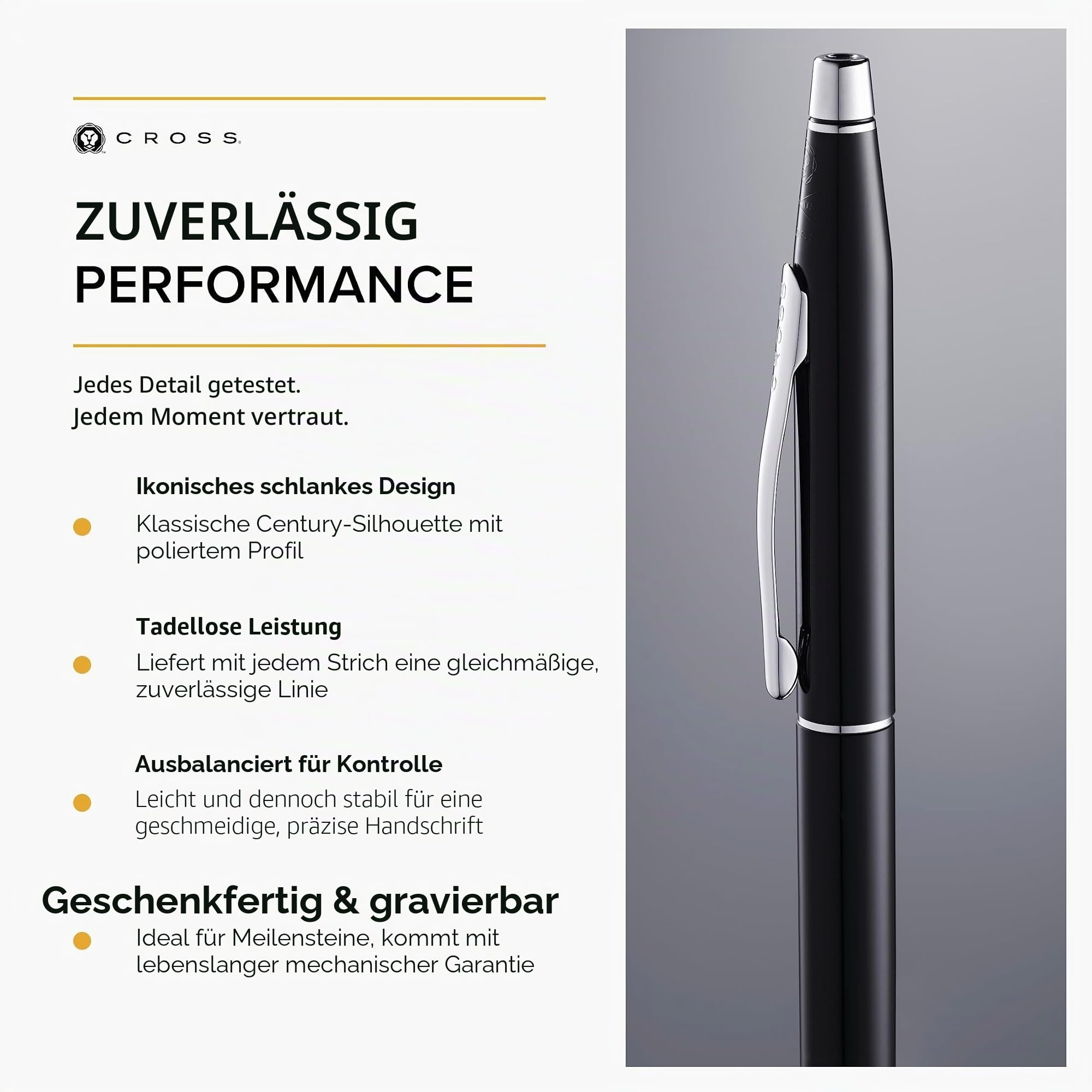 Cross Classic Century Kugelschreiber (Strichstärke M, Schreibfarbe: schwarz, nachfüllbar, inkl. Premium Geschenkbox) Schwarz-Lack chromplattiert, 1 Stück