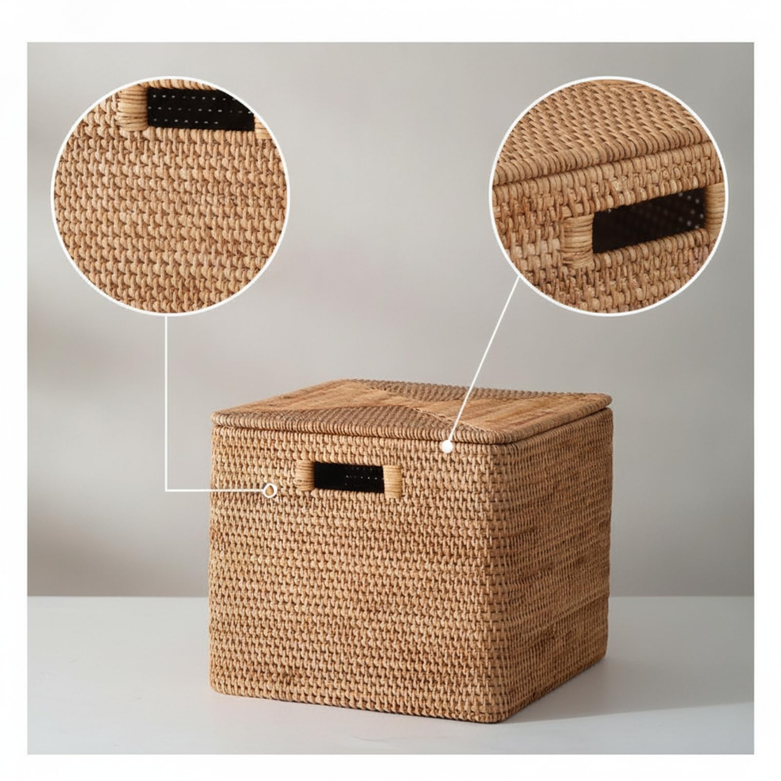 Baúl Mimbre Caja Almacenaje Cuadrada Resistente Caja con Tapa Decorativa para Dormitorio, Caja Cuadrada Japonesa De Ratán, Grande, 43 28 35cm