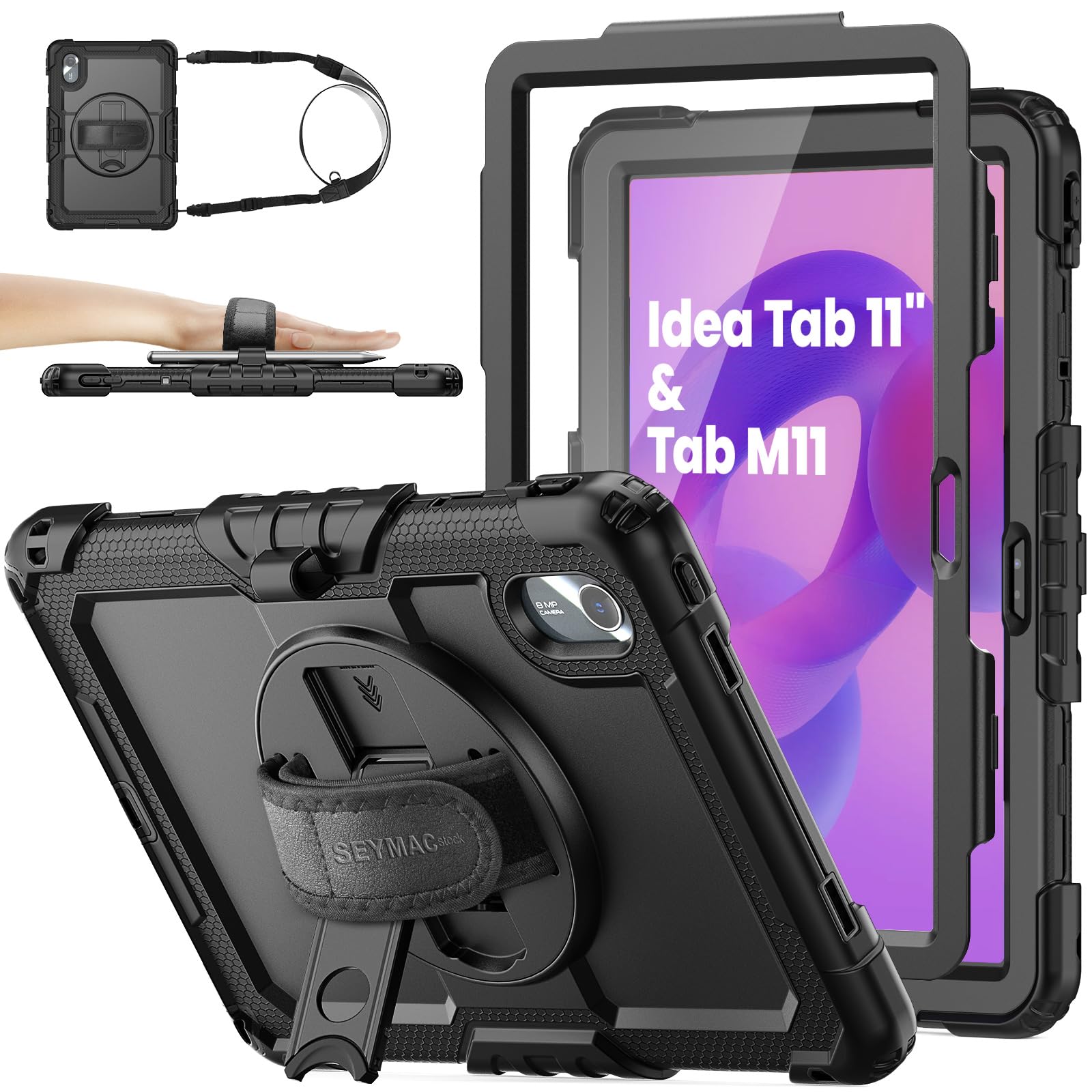 SEYMAC stock Tablet Case for Lenovo Idea Tab 11'' / M11 (TB336FU/TB330FU) 11 inch Drop-Proof Protection Cover with 360° Rotate Stand & Strap [Pen