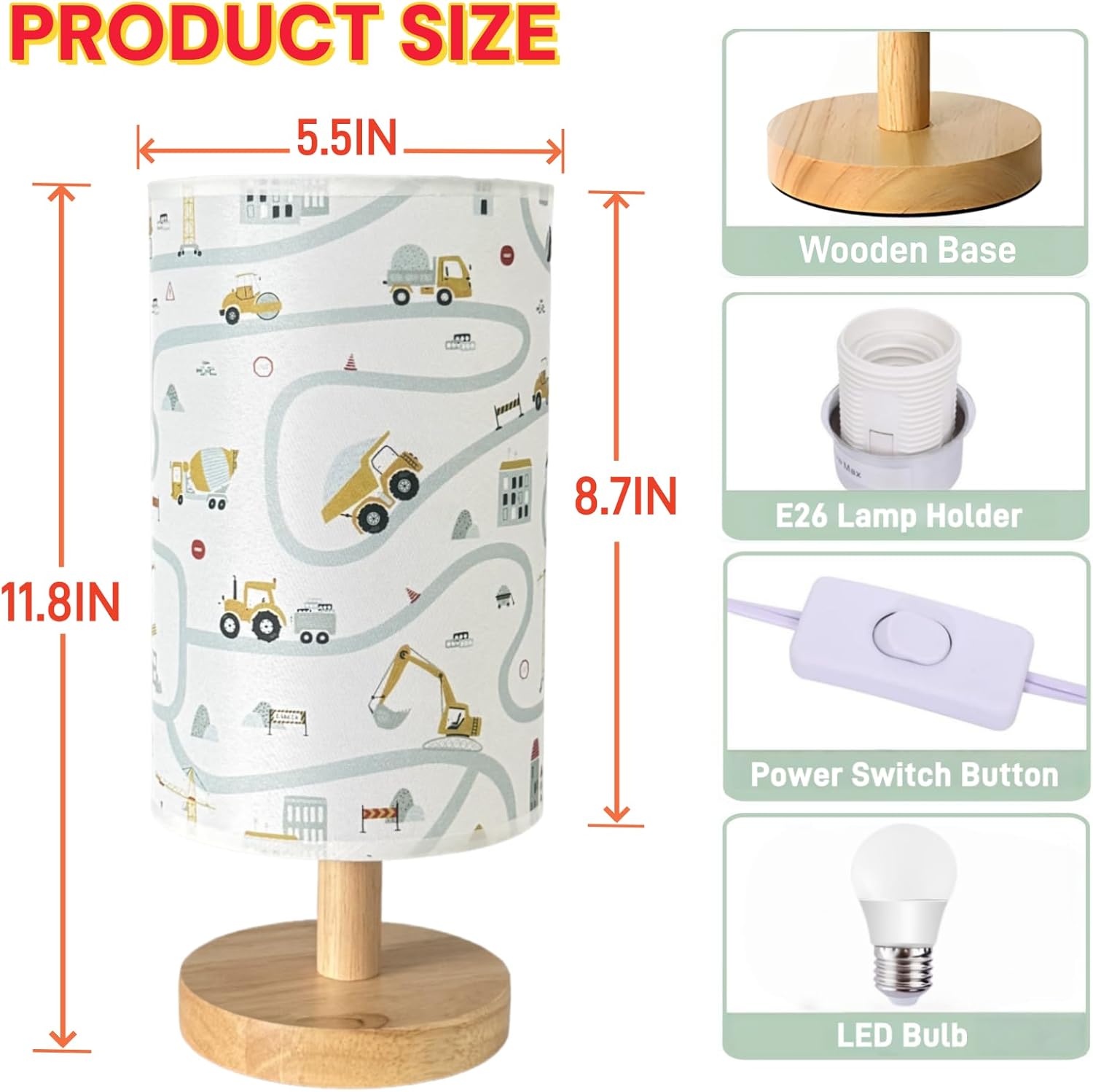 Kids Desk Lamp for Bedroom Boy,Reading Car Lamp,3-Way Dimmable with Cartoon Pattern Printed Shade and Wood Base,for Kids Room,Nursery or Living Room Decor,Car Gift for Christmas Boys
