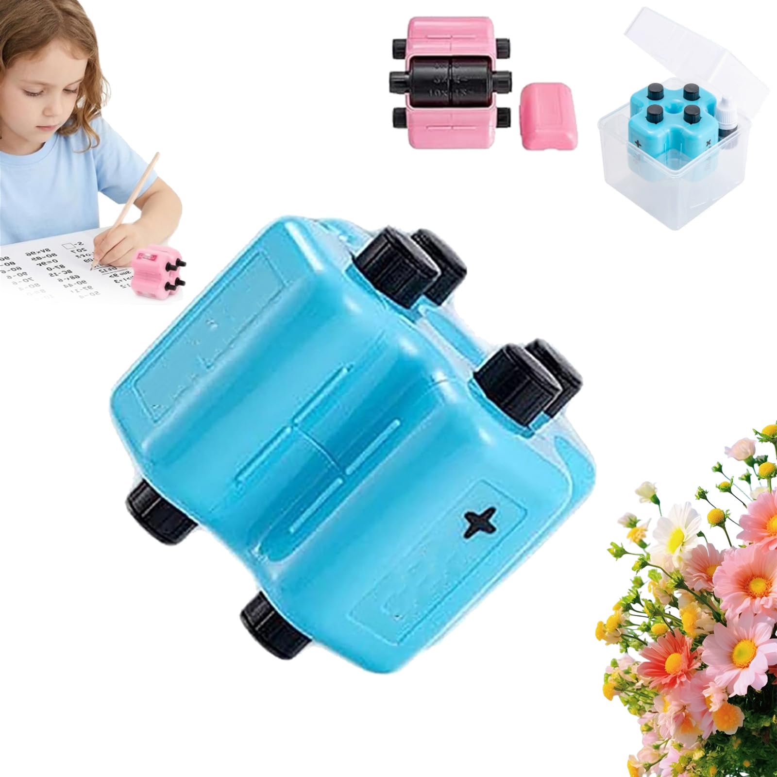 4 in 1 Math Stamp Roller, Upgraded Randomized Digital Roller Stamp, Brain Improvement Device for Kids Can Randomly (Blue)