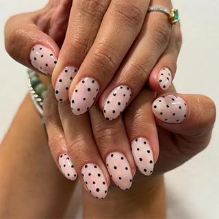 MISUD Press on Nails - Short Oval Fake Nails, Acrylic Black Polka Dot Design 24 pcs