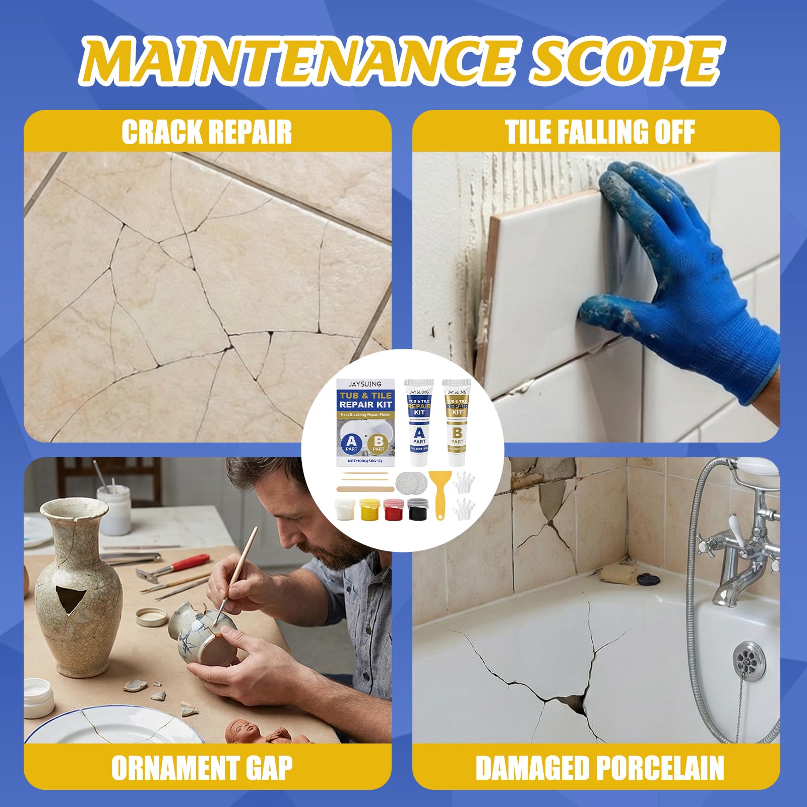 Kit di riparazione piastrelle, kit di riparazione smalto, kitdi riparazione vasche da bagno bianco, kit diriparazione lavandini con 4 colori base, per piatti doccia, graffi, crepe, fori