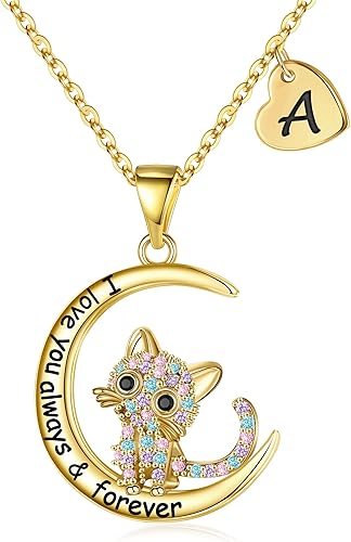IEFWELL Regalos de gatos para amantes de los gatos, collar de gato chapado en oro de 16 quilates con circonita cúbica colorida, collar con inicial
