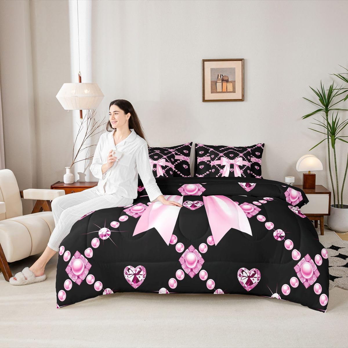 Feelyou Pink Bowknot Comforter with Sheet Set Twin Size 7 Pieces Diamond Pearl Pattern Bedding Set for Kids Boys Girls Cartoon Bow Bed in a Bag Kawaii Bow Tie Bedroom Decor