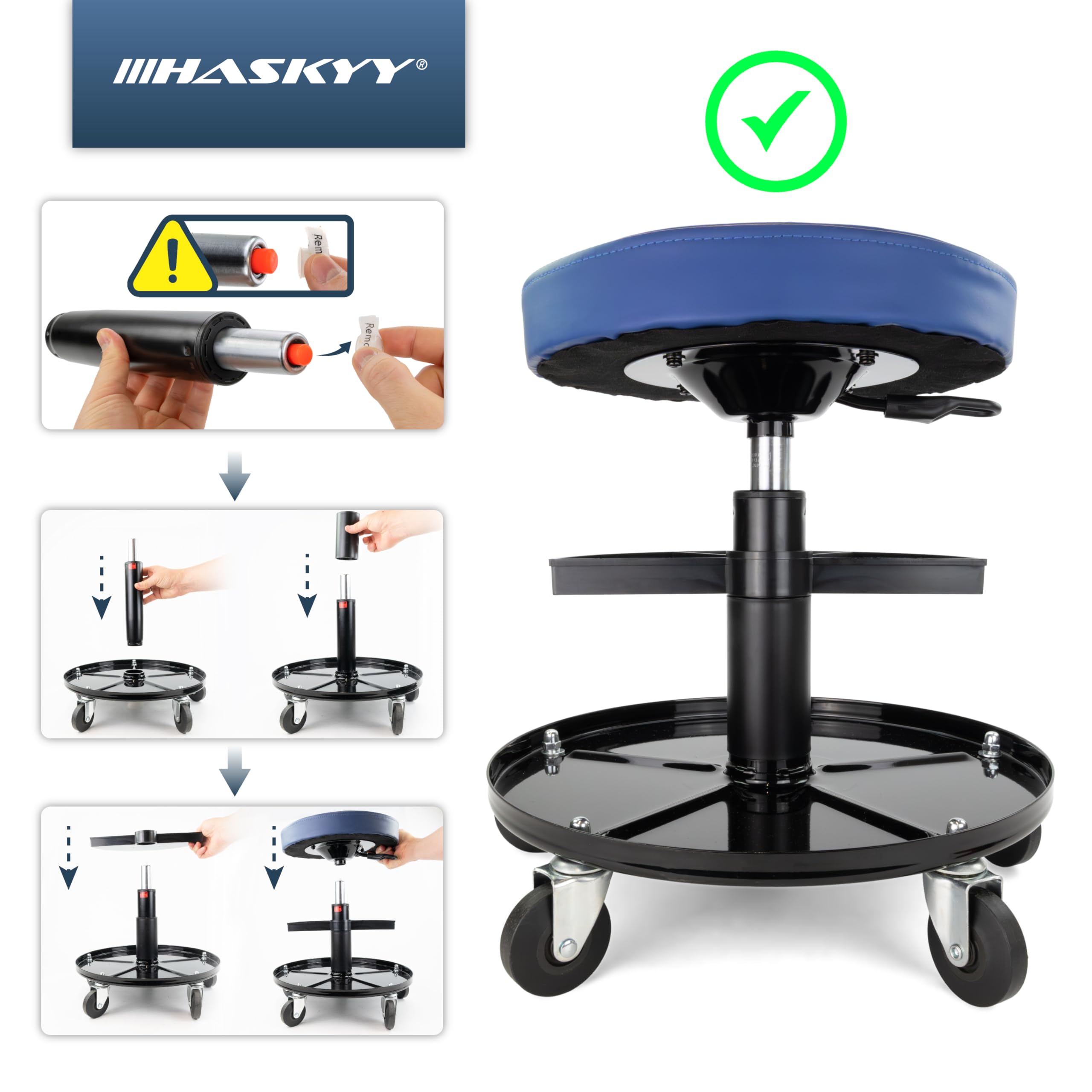 HASKYY Taburete de taller, silla de trabajo, con 5 ruedas, 2 estantes, 410-540 mm, altura regulable, color azul
