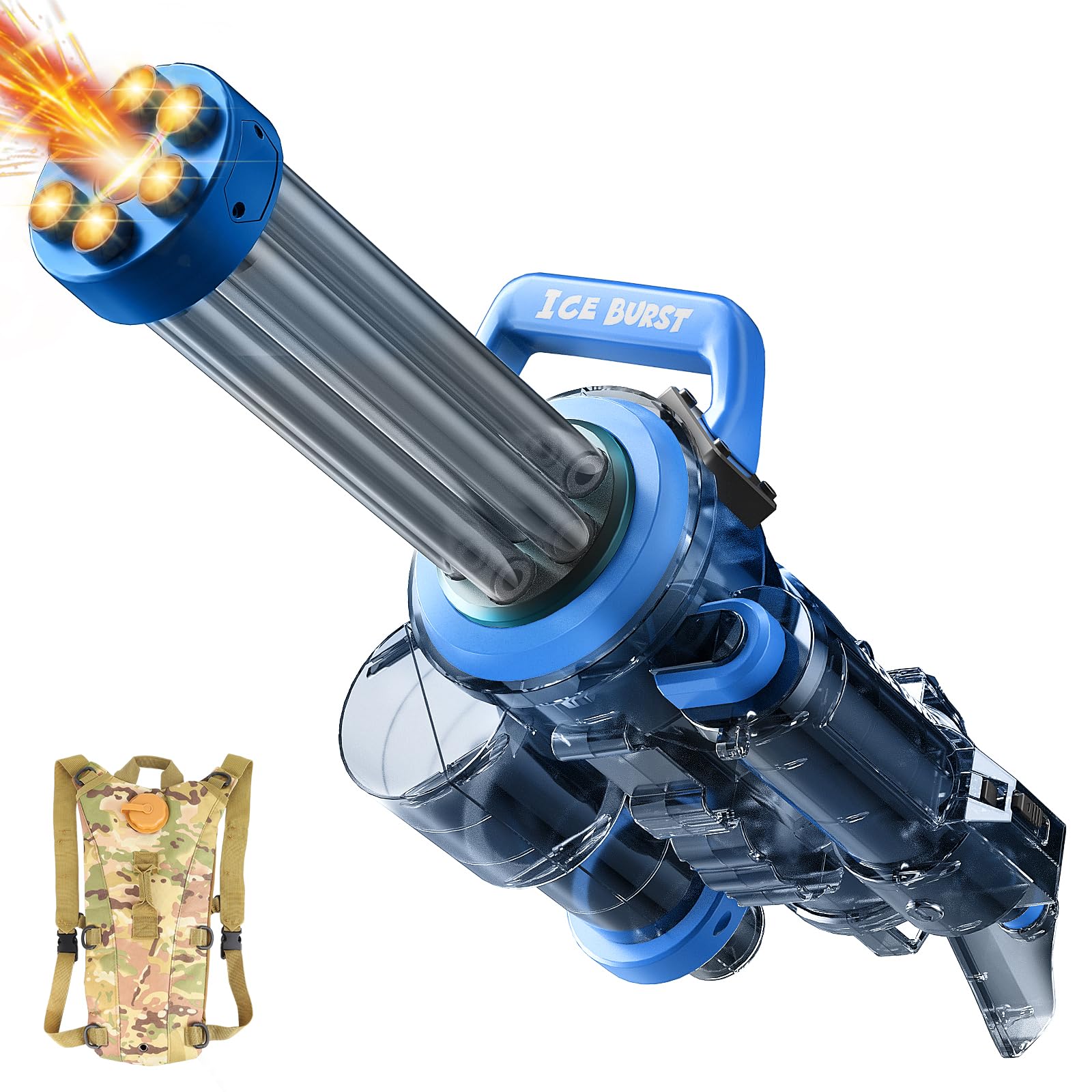 Gatling Electric Water Gun for Adults & Kids,The Most Powerful Full Auto Squirts Gun with Large Capacity Water Storage Backpack,Up to 36ft Shooting Range,Dazzling Gunfire Effects Muzzle Flash-Blue