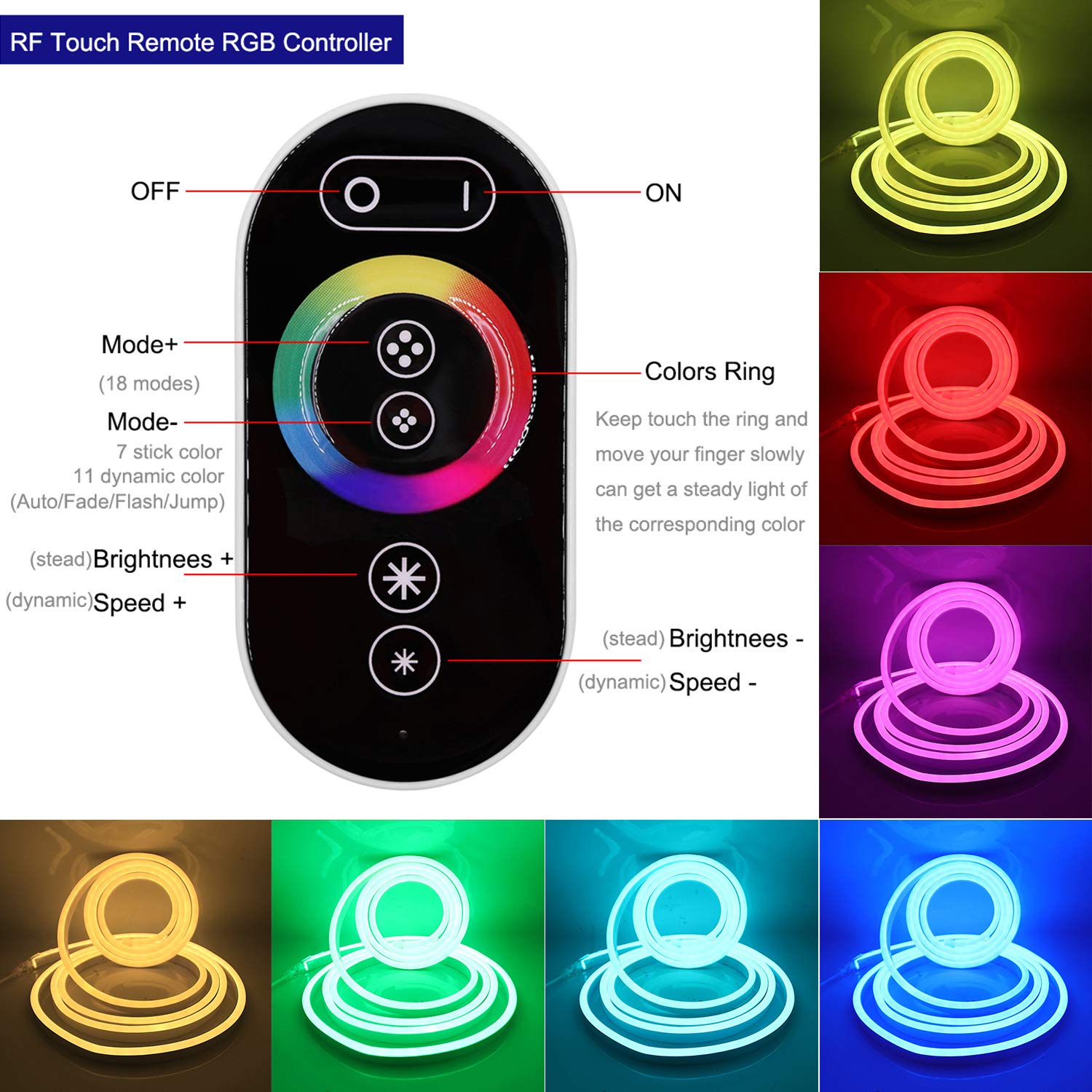 XUNATA Kit de Luz de Neón DC 12V RGB- 10m Tira de LED Flexible e Impermeable con Alimentación del Controlador Remoto RF