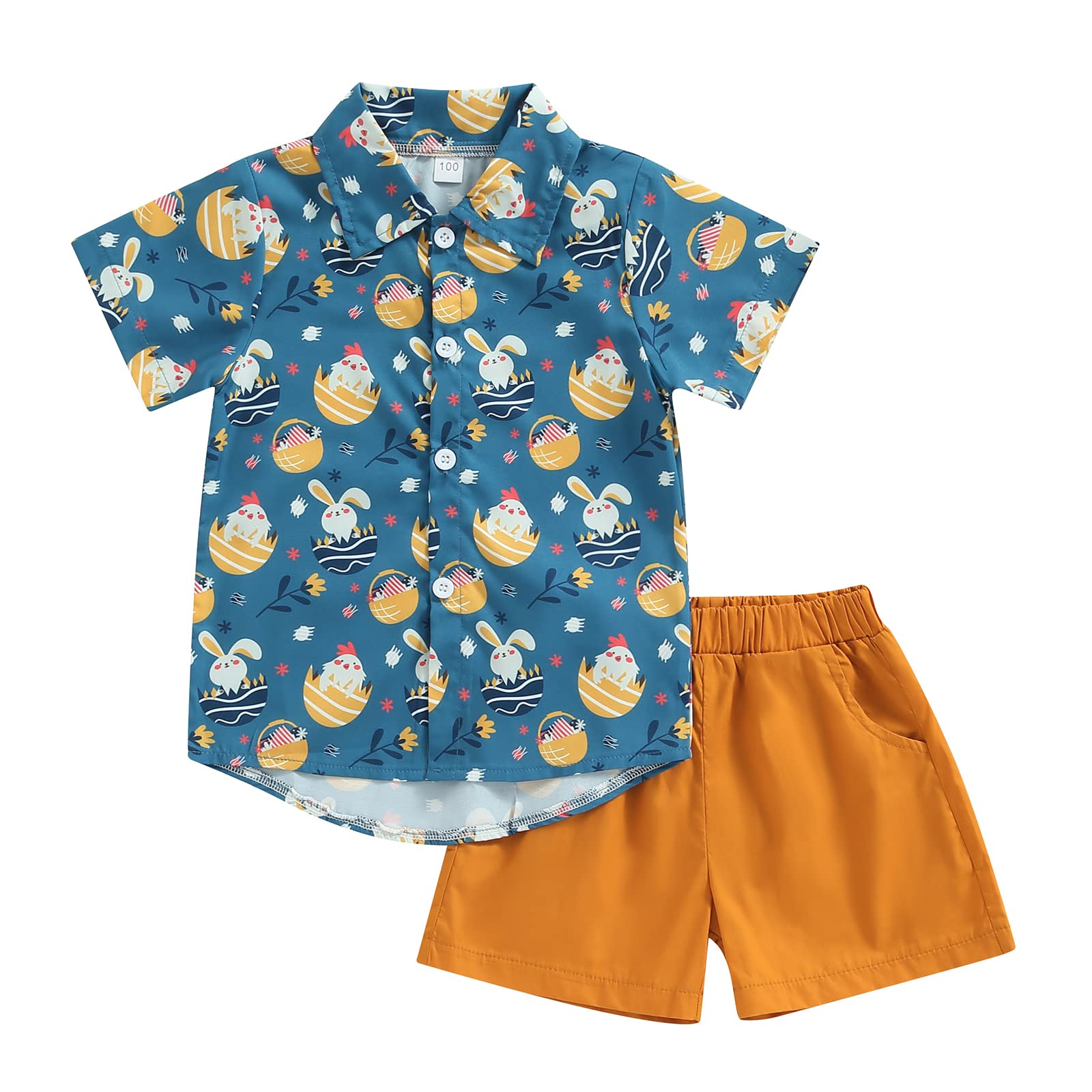 Youweixiong Toddler Baby Boy Outfits Pattern Print Short Sleeve Button Down Shirt Top Solid Shorts Set Summer Clothes 2Pcs