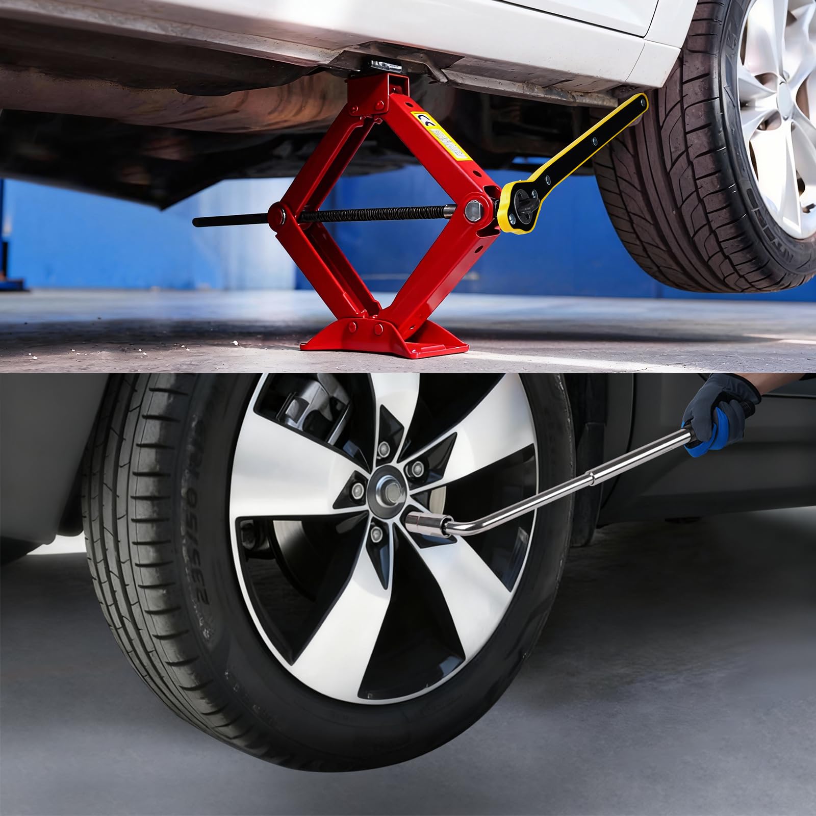 HYCHIKA Gato Coche 3 T, Kit de Gato Portátil de Gato Elevador Coche Kit Universal de Reparación de Neumáticos con Llave de Tuercas Adecuado para SUV, Monovolúmenes y Automóviles