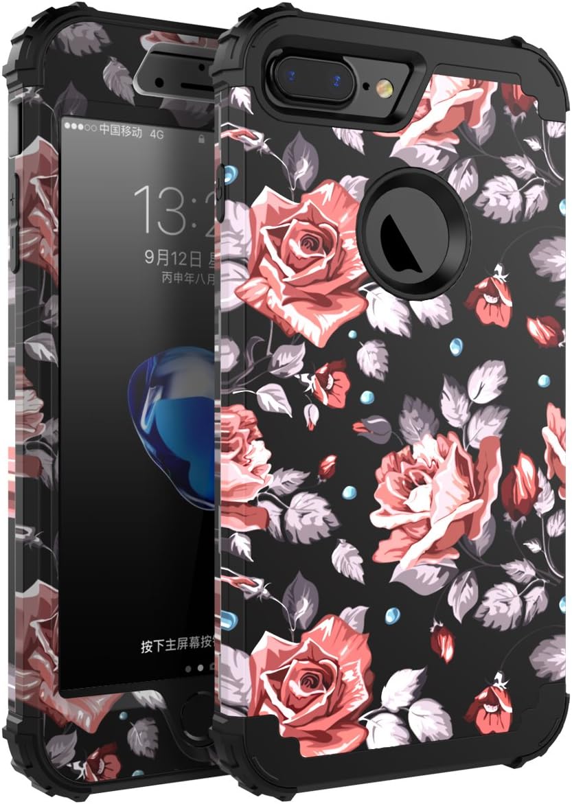 OBBCase iPhone 7 Plus Case,[Heavy Duty]Three Layer Hybrid Sturdy Armor High Impact Resistant Protective Cover Case For iPhone 7 Plus(Only For 5.5")Rose Flower/Black