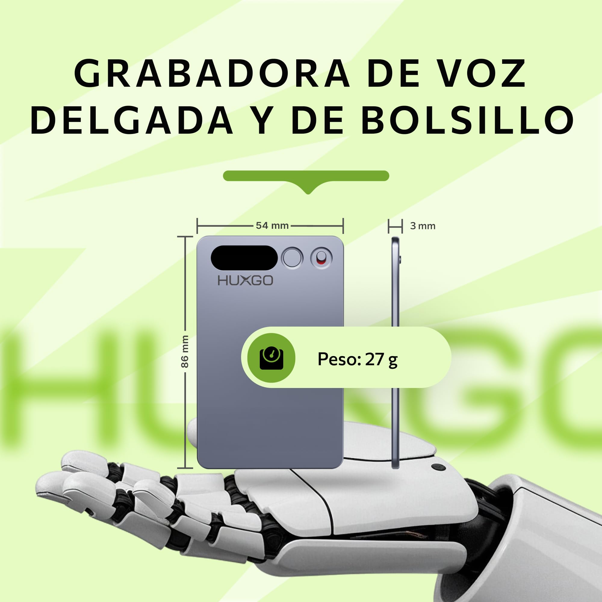 Grabadora de Voz – 64GB con Doble Micrófono y Reducción de Ruido – Batería de 35h, Bluetooth 5.3 – Transcripción y Traducción por App (118+ Idiomas) – HUXGO®