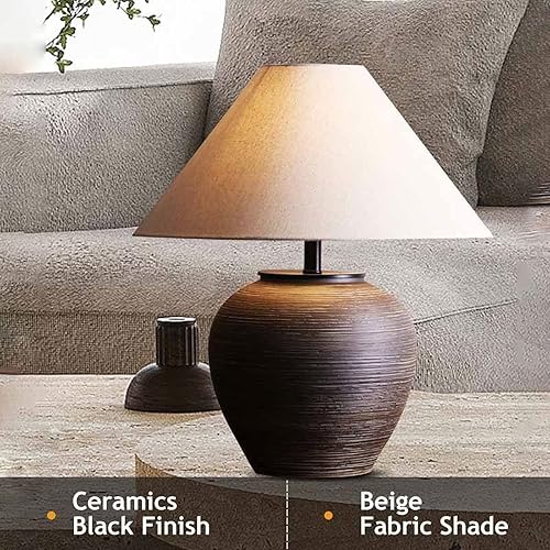 Miniatura 2 de Lámpara de mesa redonda neutra de cerámica de 19.6 pulgadas, lámpara de mesa retro rústica, cuerpo negro con pantalla de tela blanca rota, mesita de