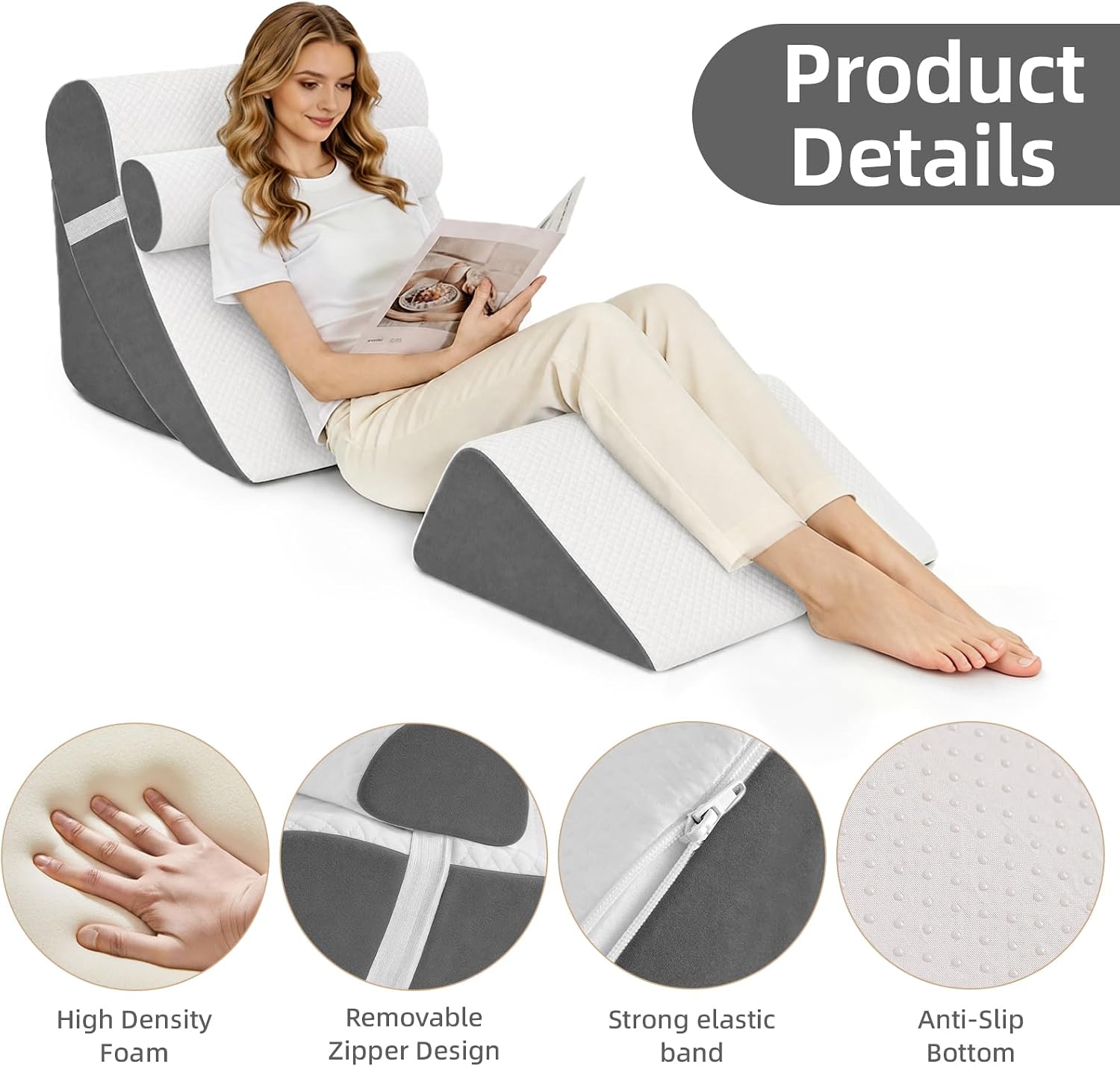 4PCS Orthopedic Bed Wedge Pillow Set for Post Surgery & Pain Relief, Adjustable Wedge Pillow for Back,Acid Reflux,Sitting up in Bed,Recovery,Snoring,Body Pillow for Sleeping (White/Dark Grey)