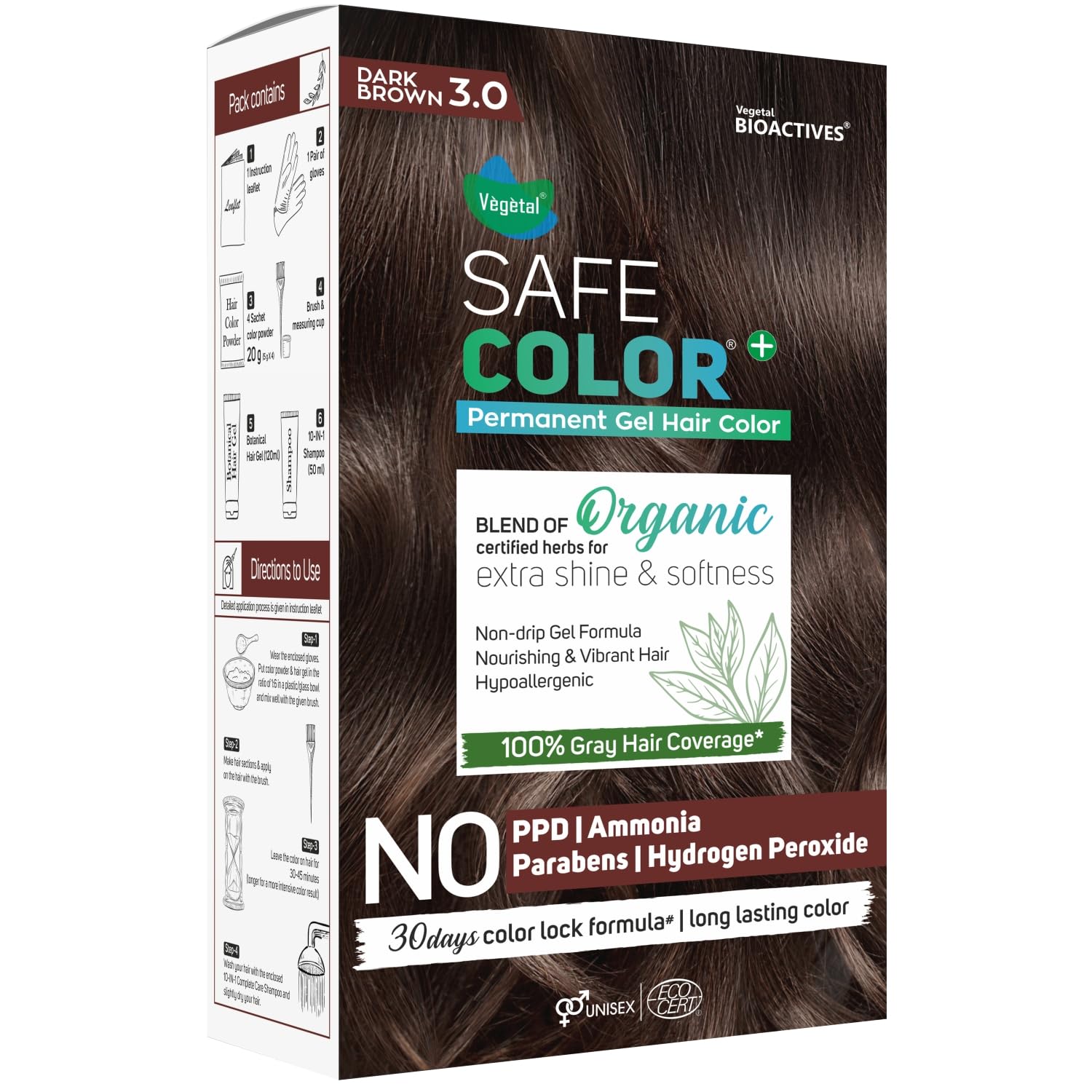 Vegetal Safe Color Dark Brown 3.0-190ml. I Permanent Gel Hair Colour, Organic Herbs Blend, Chemical-Free, 100% Grey Coverage