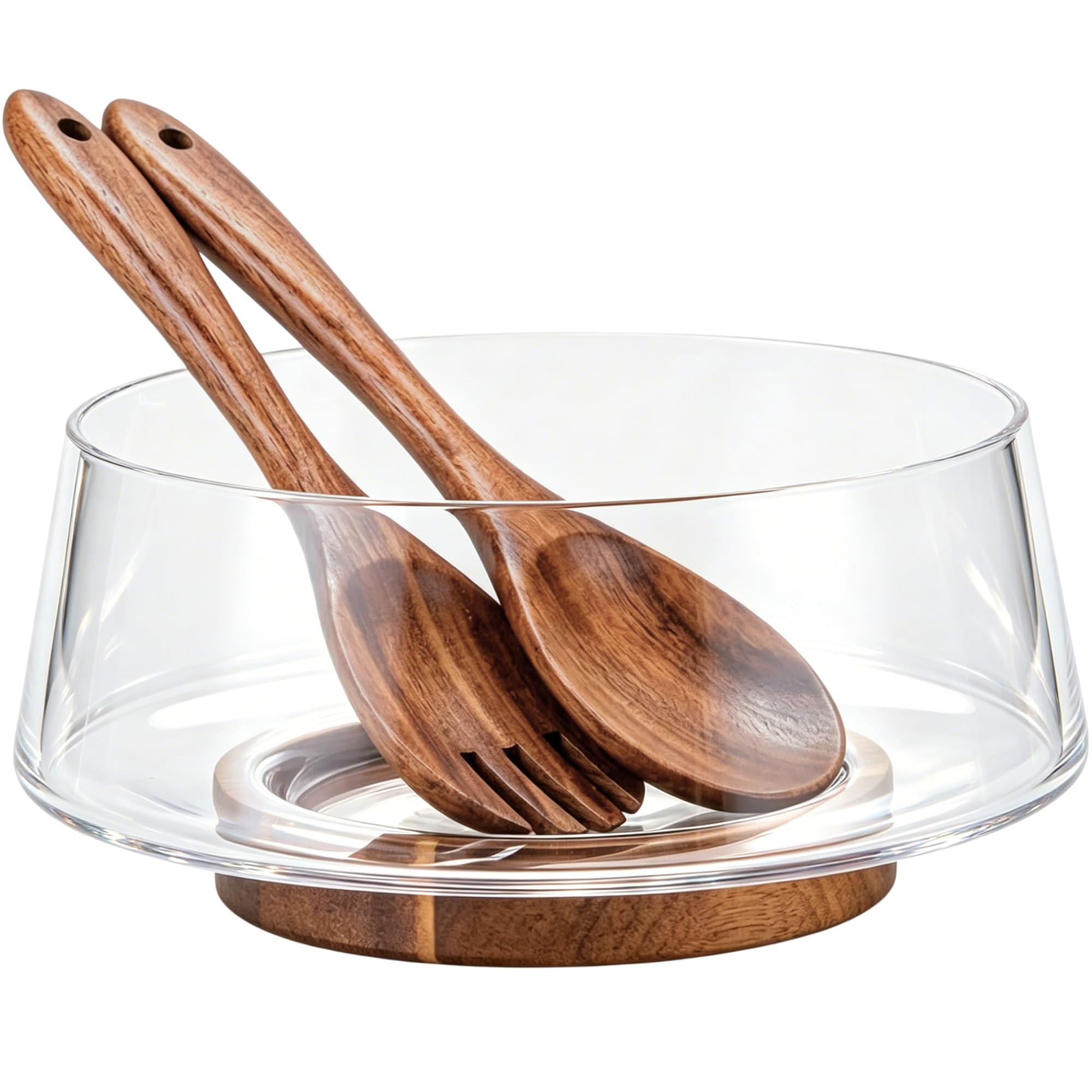 muso wood Ensemble saladier en verre de grande capacité avec base en bois d'acacia et cuillère-fourchette à salade, parfait pour les réunions de famille et les dîners