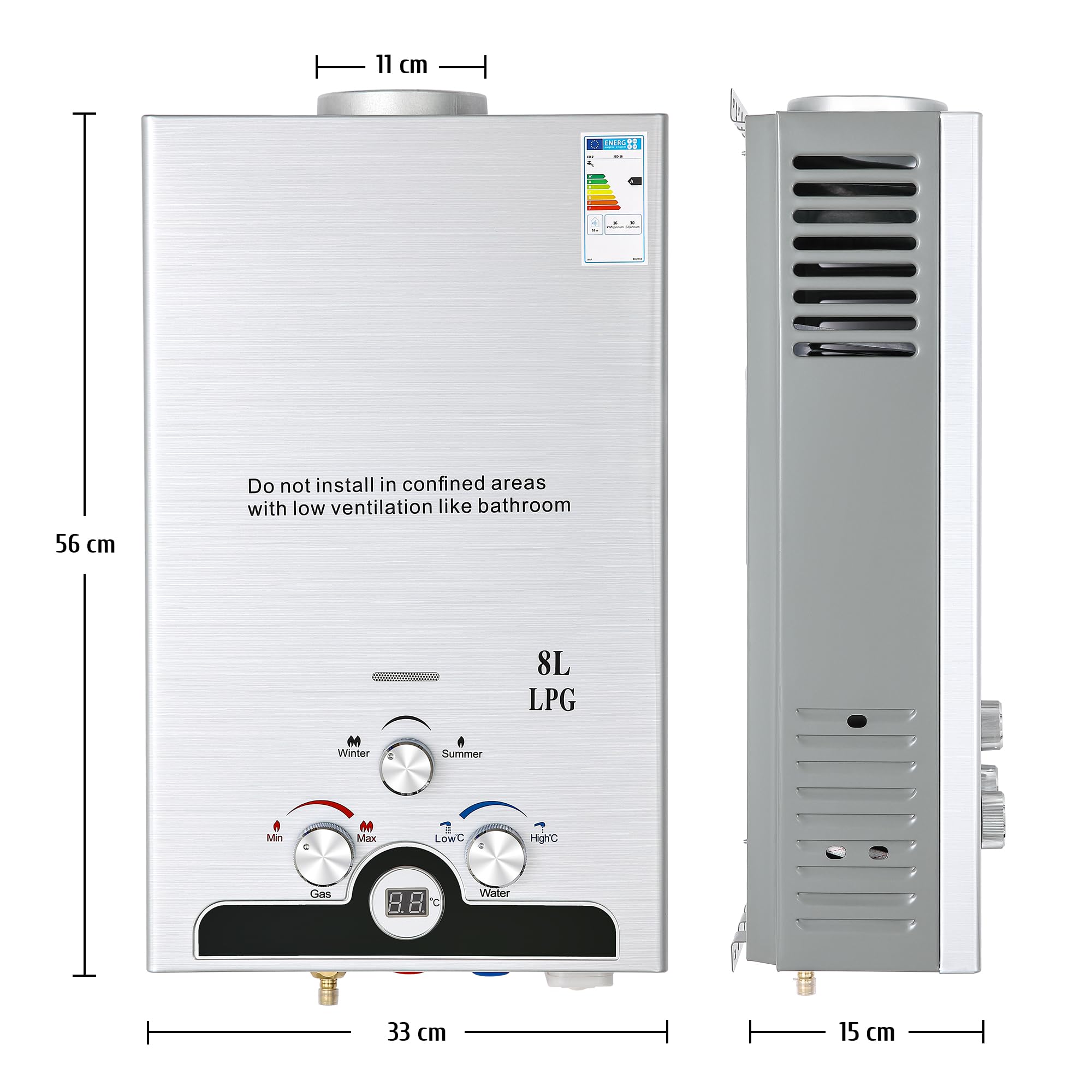 VONLUCE Chauffe-Eau Gaz Instantané 8L/min 13,6kW GPL - Portable pour Camping/Caravane, Modes Hiver/Été, Température Réglable 27-68°C, Certifié CE (Butane/Propane)