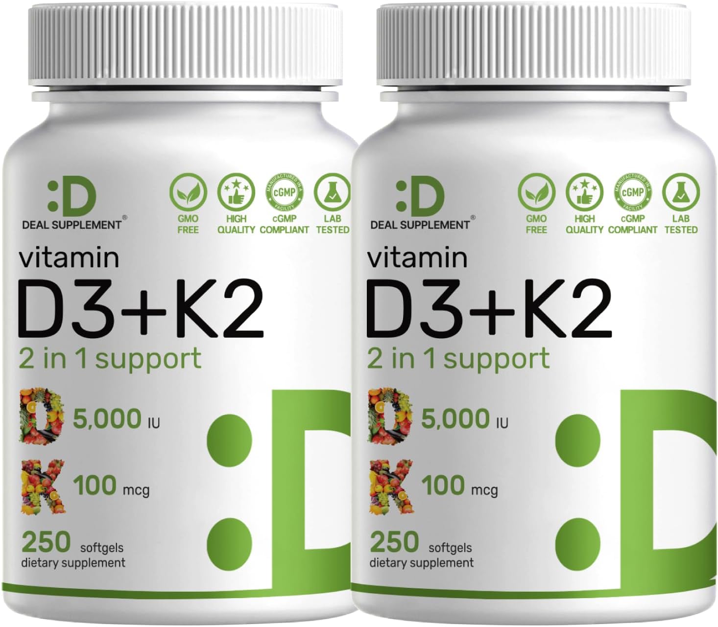DEAL SUPPLEMENT 2 Pack Vitamin D3 5,000 IU + K2 MK7 Softgels, 500 Count | 2-in-1 Complex | Supports Heart, Bone, Teeth & Immune Health | Easy to Swallow