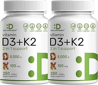 DEAL SUPPLEMENT 2 Pack Vitamin D3 5,000 IU + K2 MK7 Softgels, 500 Count | 2-in-1 Complex | Supports Heart, Bone, Teeth & Immune Health | Easy to Swallow