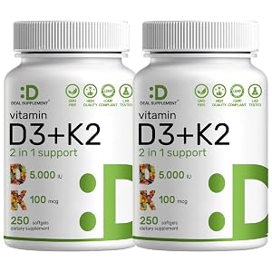 DEAL SUPPLEMENT Vitamina D3 K2 (MK-7) 5,000 UI por porción, 500 cápsulas blandas, presentación de 250 unidades (paquete de 2)