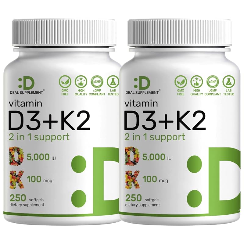 DEAL SUPPLEMENT Vitamina D3 K2 (MK-7) 5,000 UI por porción, 500 cápsulas blandas, presentación de 250 unidades (paquete de 2)