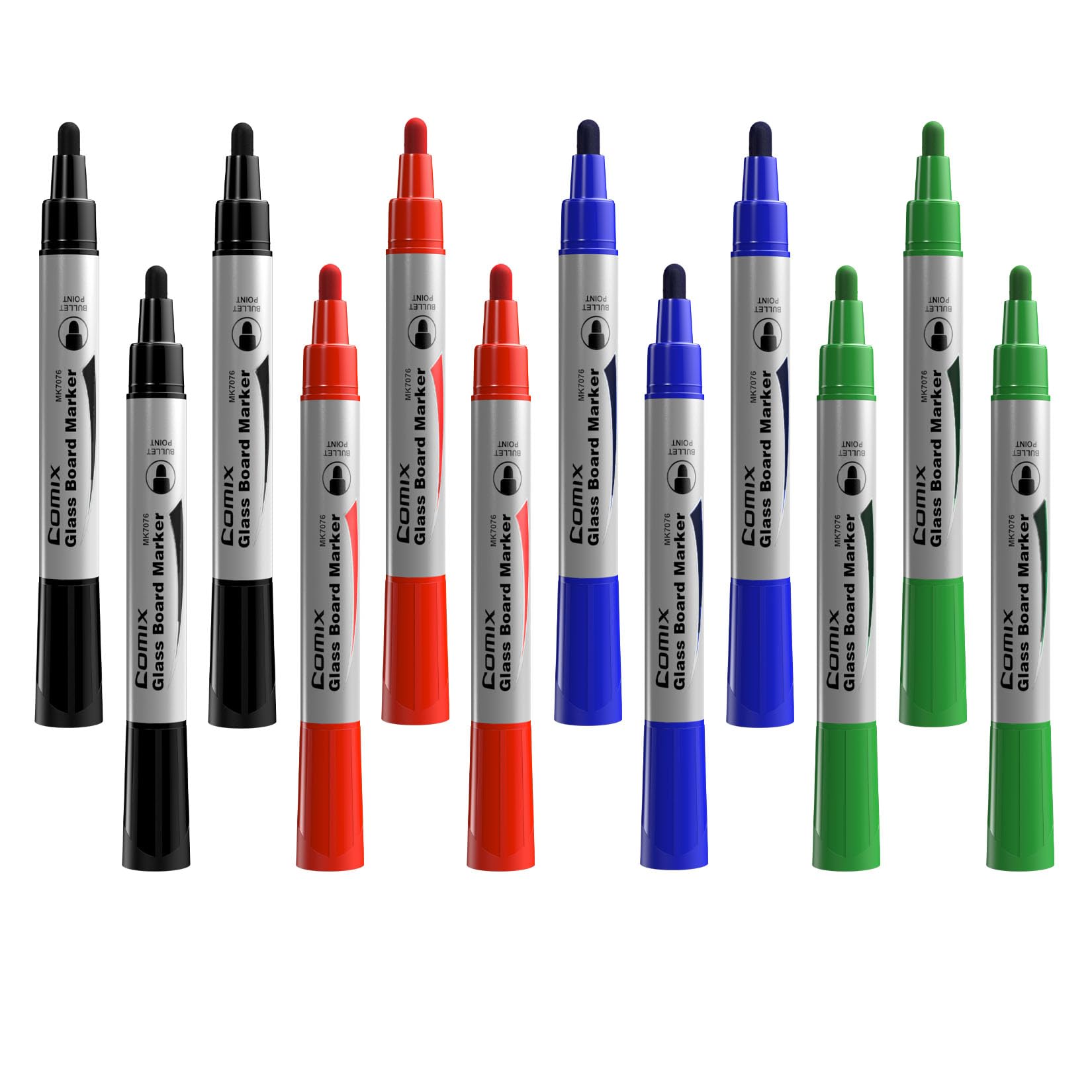 Comix Glass Board Dry Erase Markers, Low Odor Whiteboard Markers, Bullet Tip, 4 Assorted Colors, 12 Pack