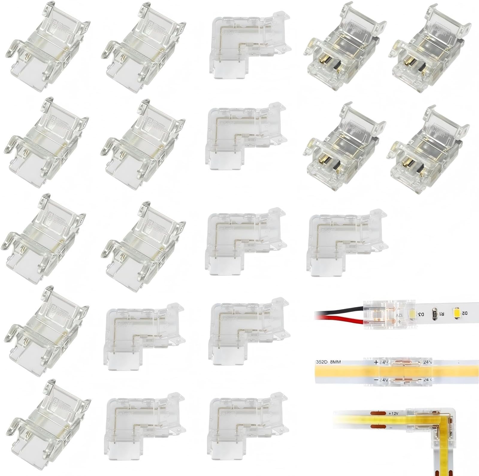 20 PCS LED Strip Connectors Set, for 8mm Width 2 Pin LED Strips, Solderless Strip Connectors, COB LED Connectors for Non-Waterproof Tape (8pcs L Shape & 8pcs CO B-to-COB & 4pcs C OB Strip to Wire)
