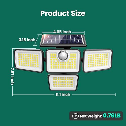 Miniatura 3 de Luces solares de 4500 lm para exteriores, 4 cabezales ajustables, luces con sensor de movimiento, 3 modos, 6500 K, IP65 impermeables, luces de pared