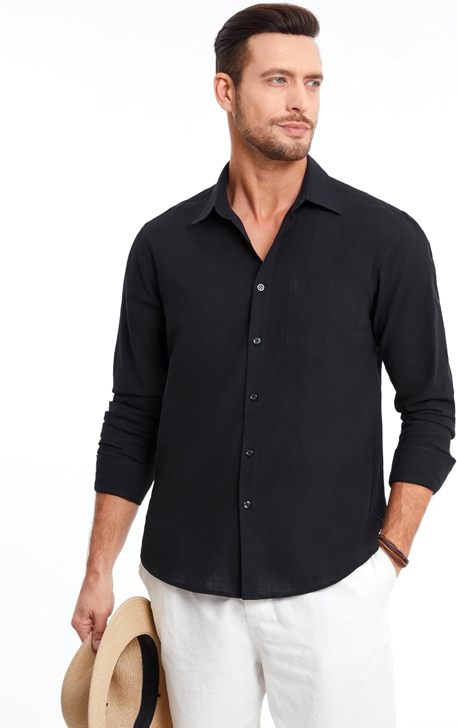 HISDERN Linen 317 Shirts for Men Long Sleeve Shirt Button Down Casual Breathable Cotton Beach Wedding Vacation with Pocket - Image 5