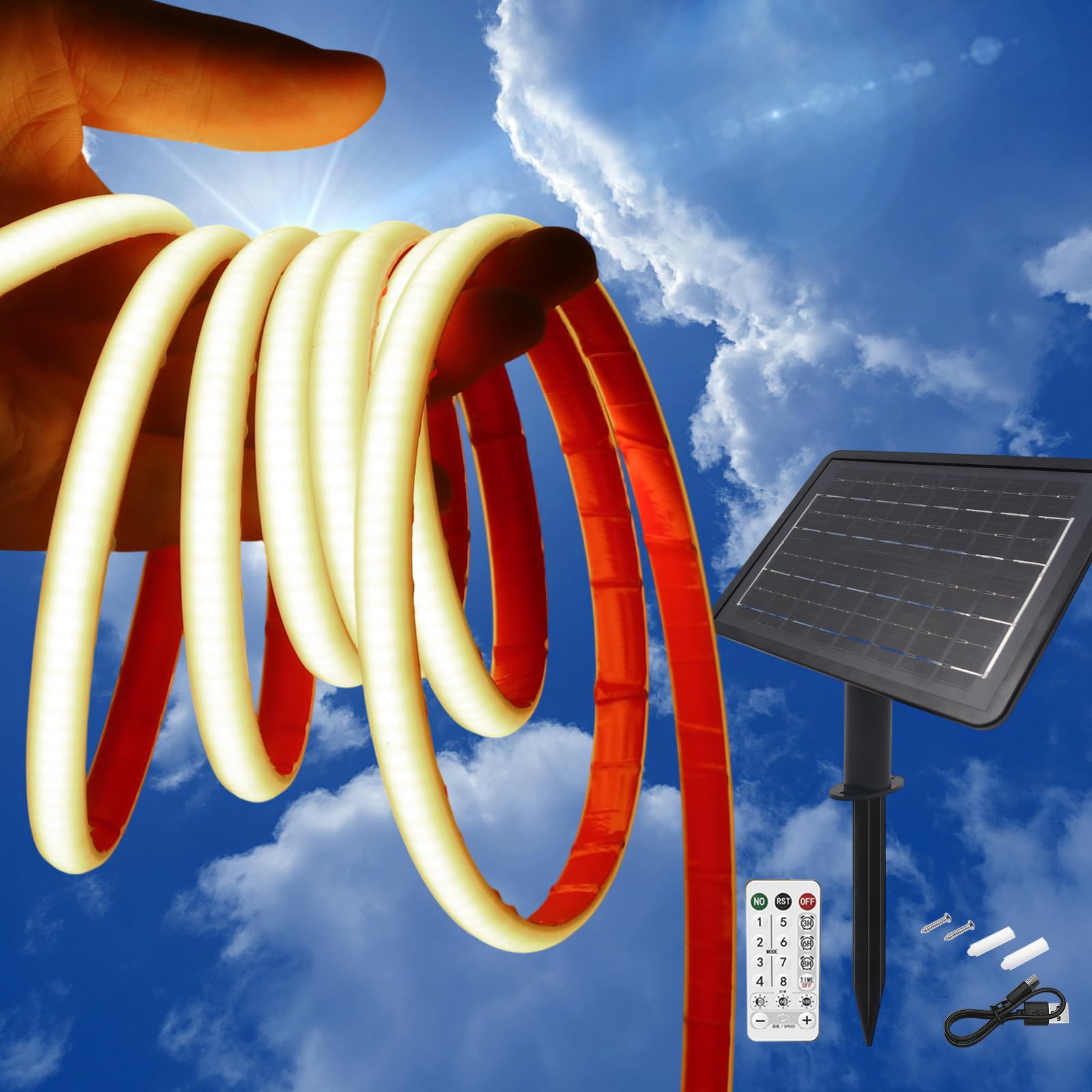 KISUFU 24V Solar LED Strip Lights Outdoor, 320 LEDs/M IP68 Waterproof Cuttable Self-Adhesive Rope Light with 1200mah 8 Modes Battery Box Remote Control for Porch Gazebo Yard Trees Garden Decor.